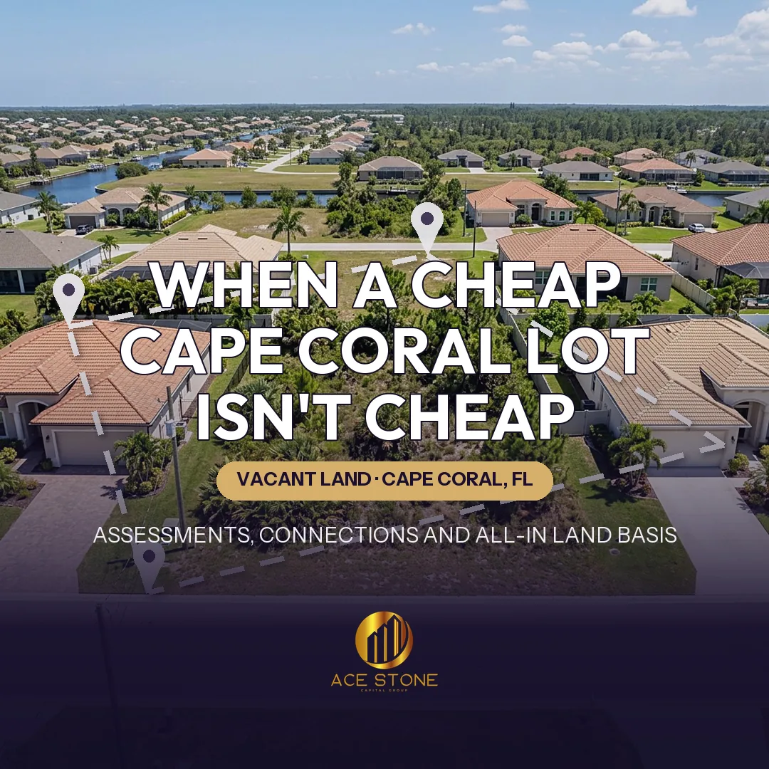 Aerial view of an interior Cape Coral vacant lot surrounded by newer single-family homes and municipal streets.