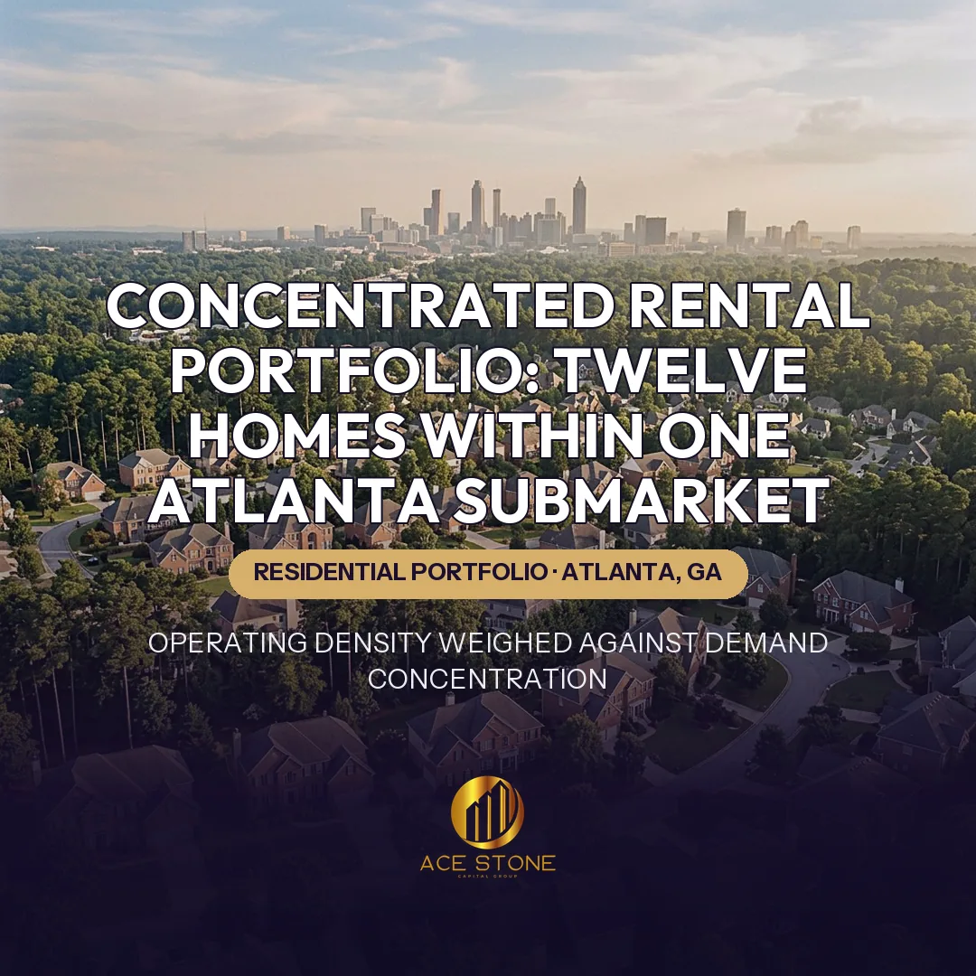 Wide aerial view of an Atlanta suburban residential community with the distant downtown skyline.