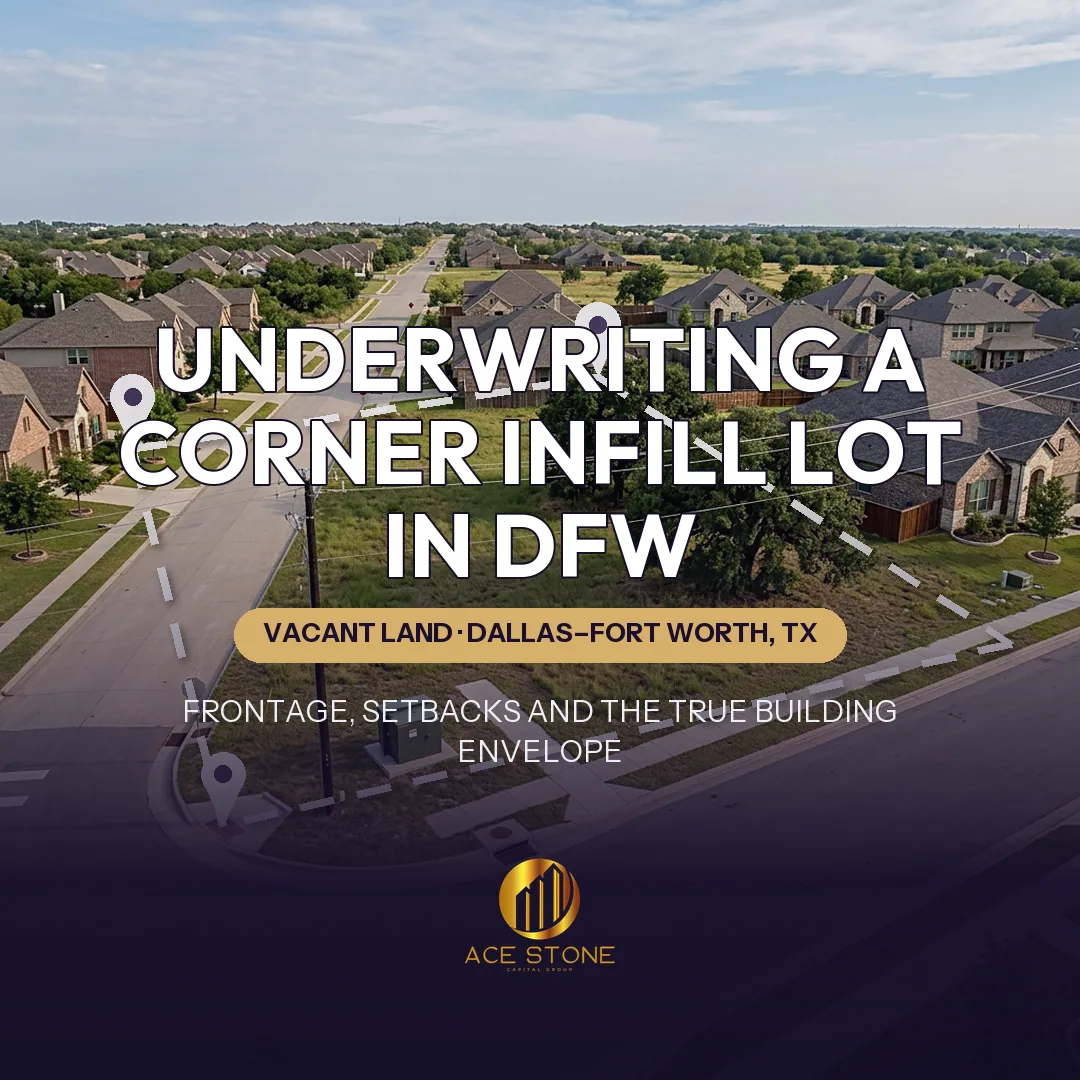 Drone photograph looking diagonally across an empty corner parcel in a Dallas–Fort Worth neighborhood with streets on two sides.
