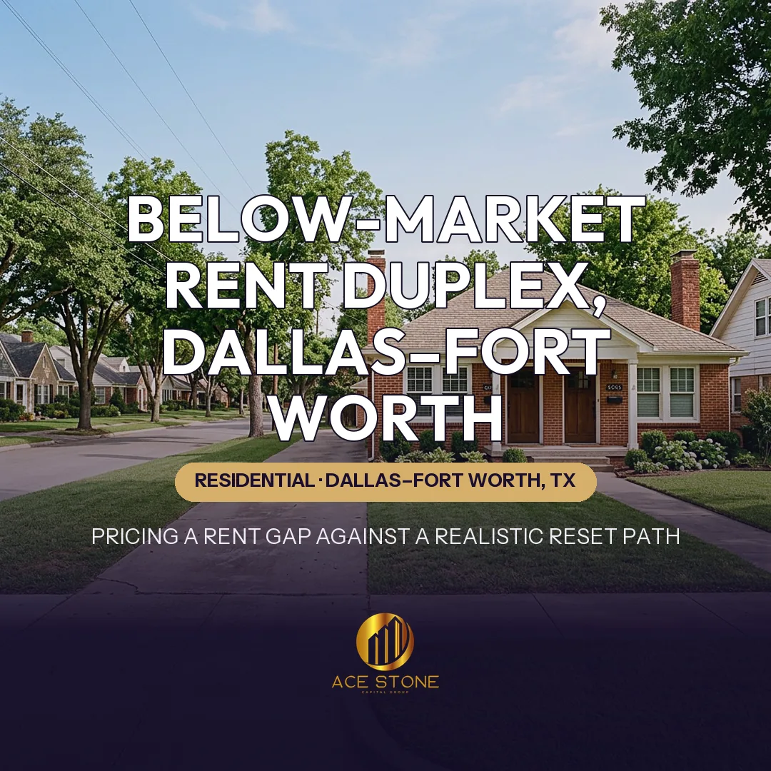 Brick two-unit duplex on an established Dallas–Fort Worth residential street.