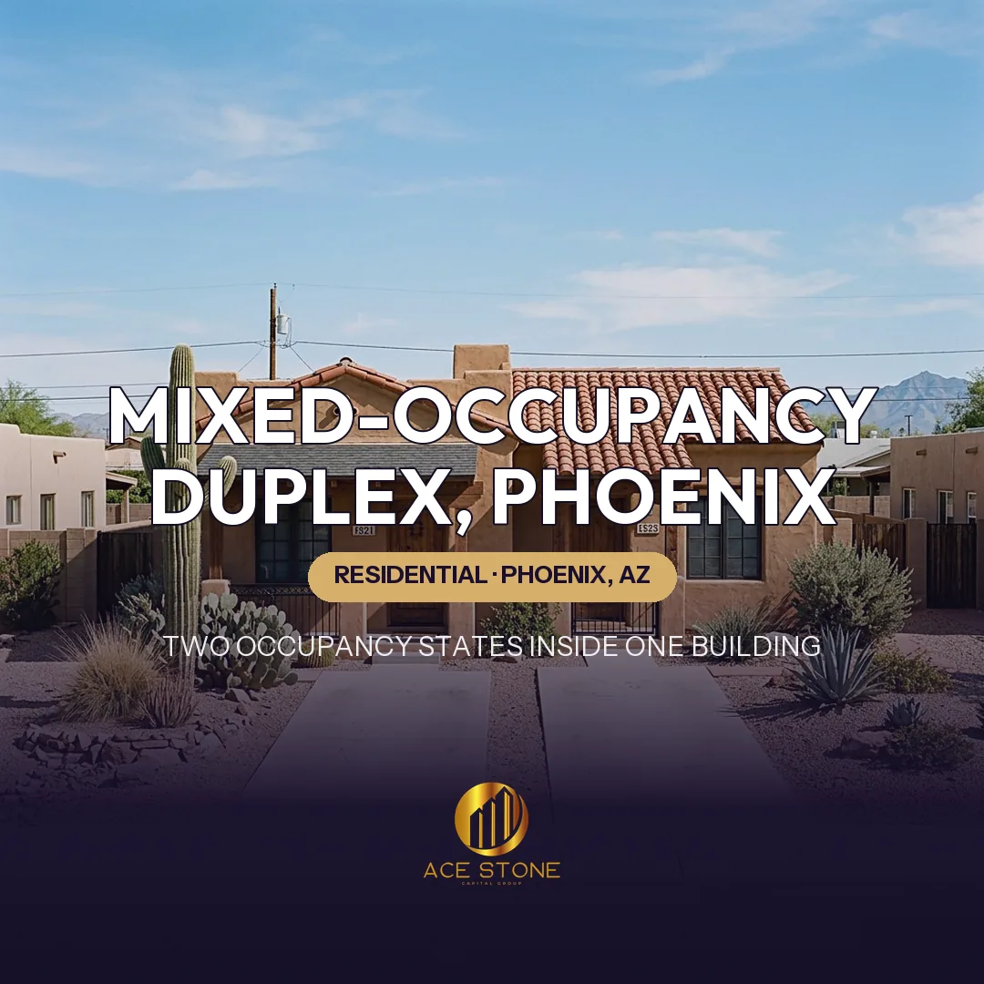 Southwestern-style duplex with two distinct entrances and driveways in Phoenix.