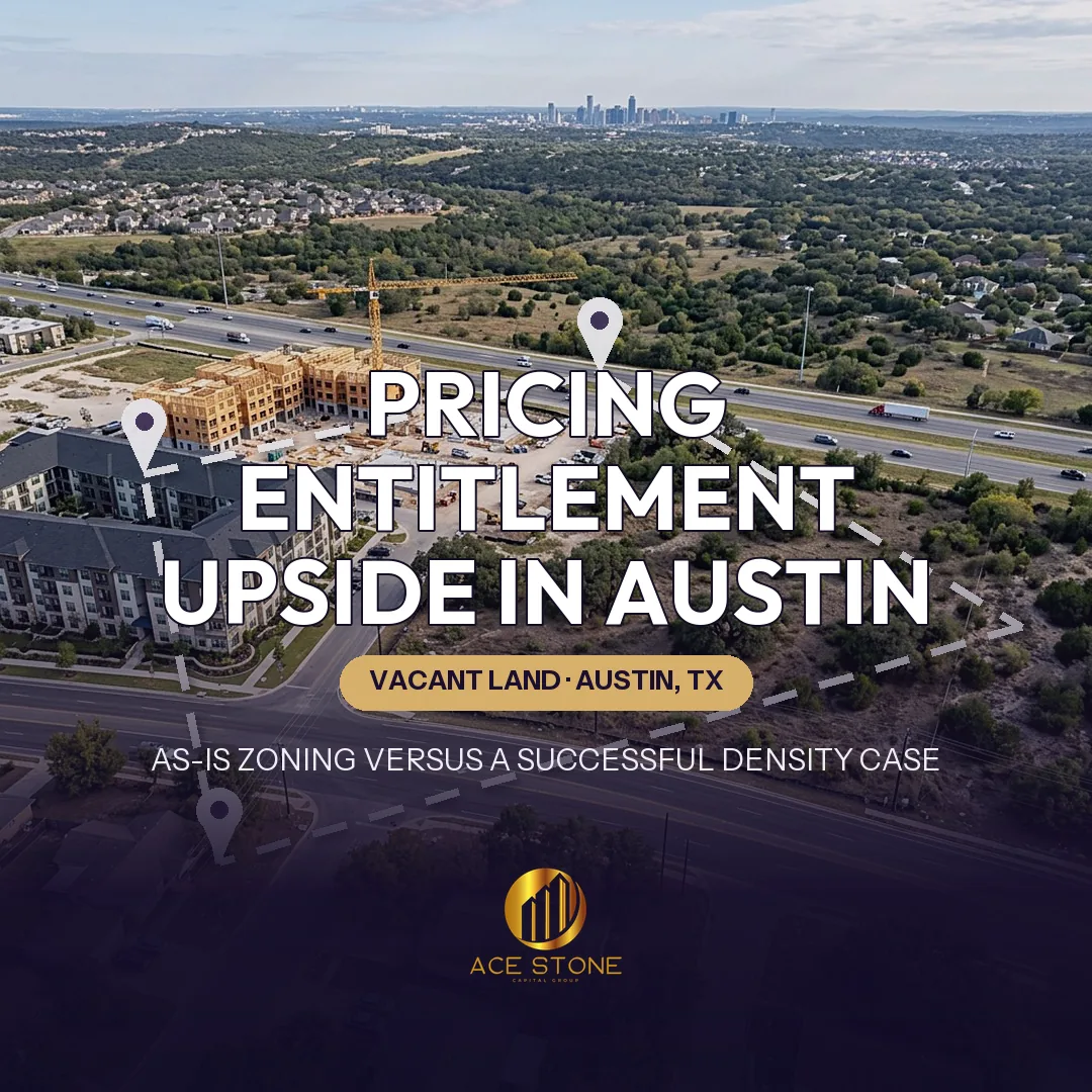 Drone image of an undeveloped Austin-area parcel between existing suburban development and active new construction.