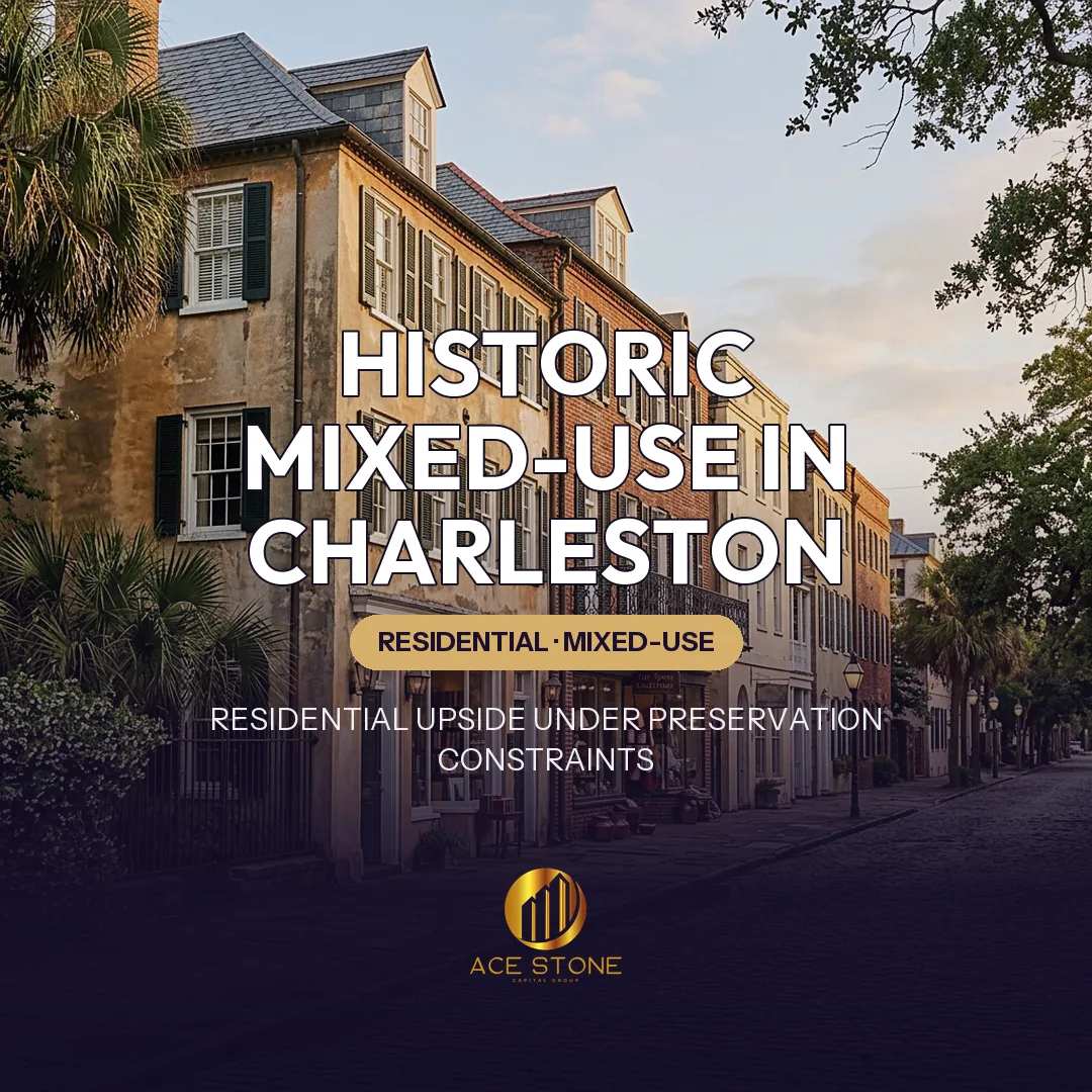 Historic Charleston streetscape with boutique ground-floor retail and residential floors above.