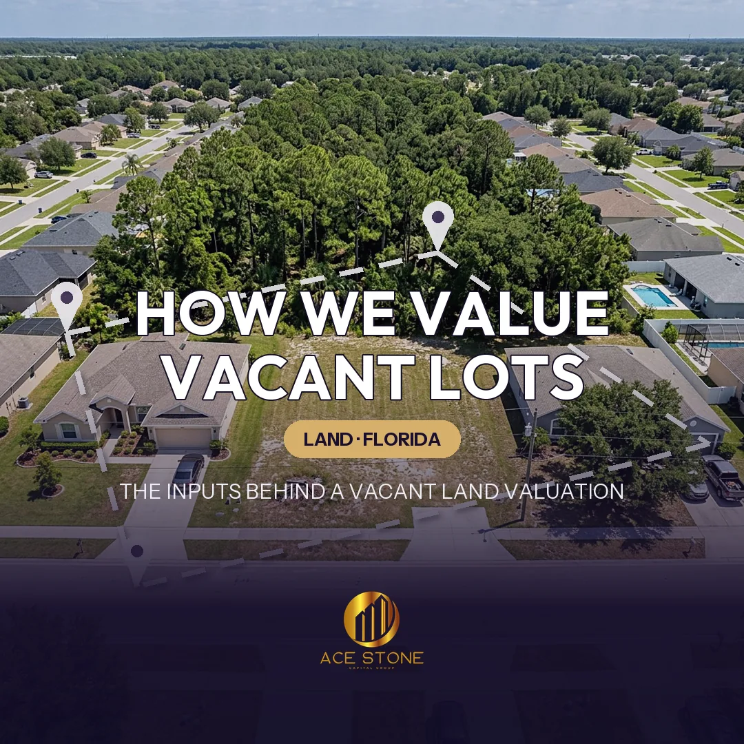 Aerial view of a rectangular vacant Florida infill lot between built homes with a parcel boundary overlay.