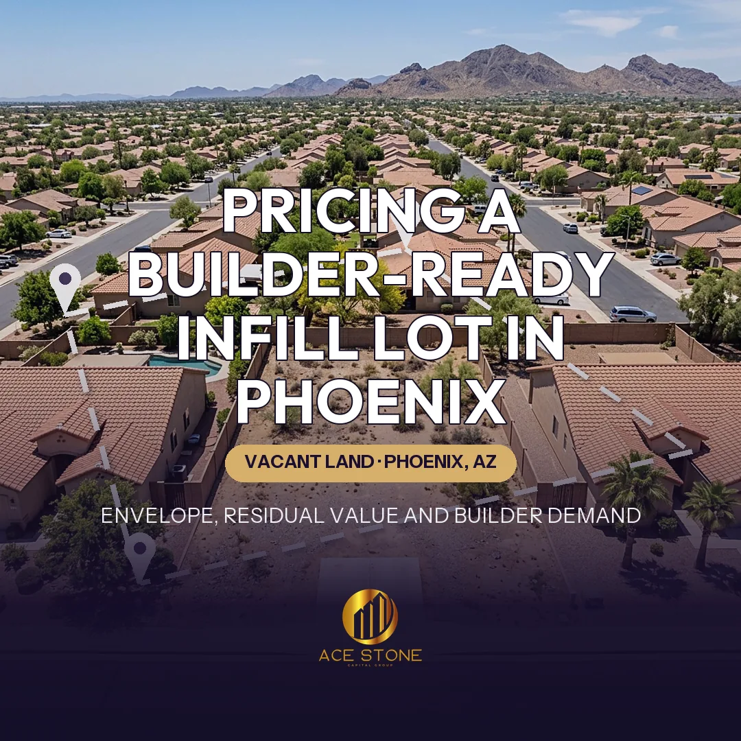 Aerial view of a single vacant desert infill lot between completed Phoenix homes with a parcel boundary overlay.