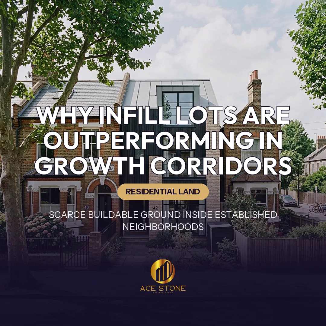 New infill residential construction between older homes in an established neighborhood.
