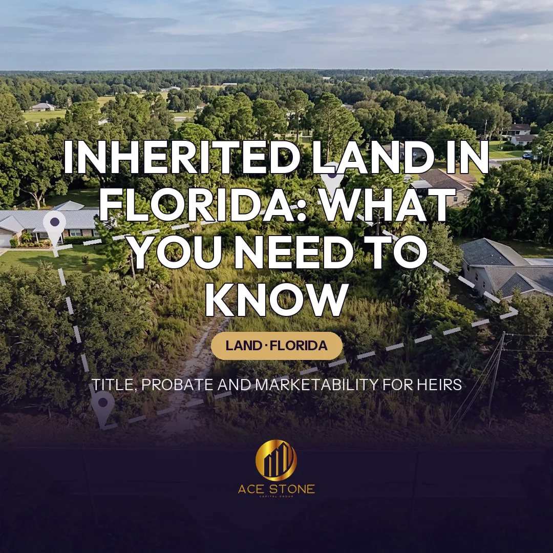 Aerial view of a long-held overgrown vacant Florida land parcel surrounded by mature pines.