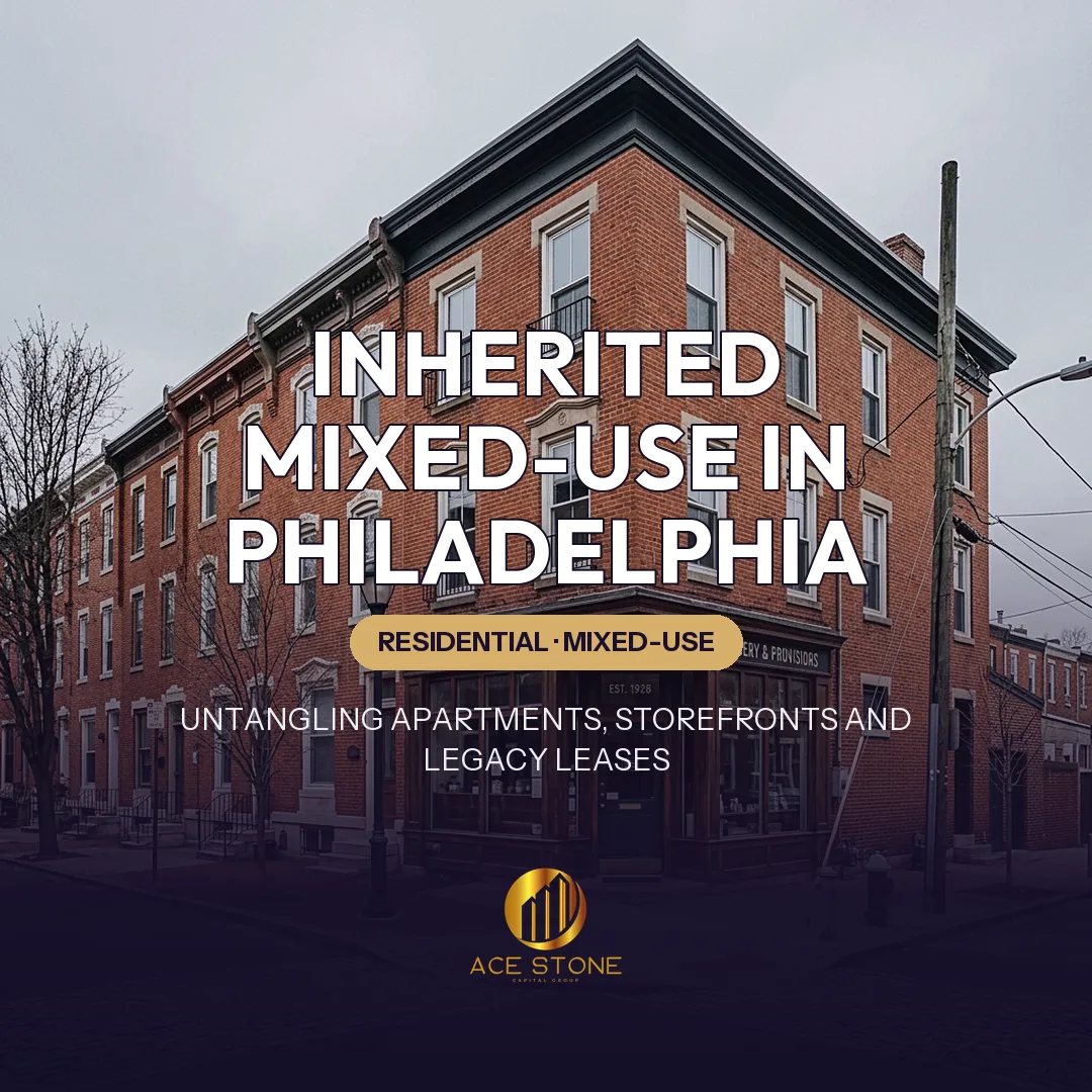 Traditional Philadelphia corner row-style mixed-use building with local storefronts below and apartments above.