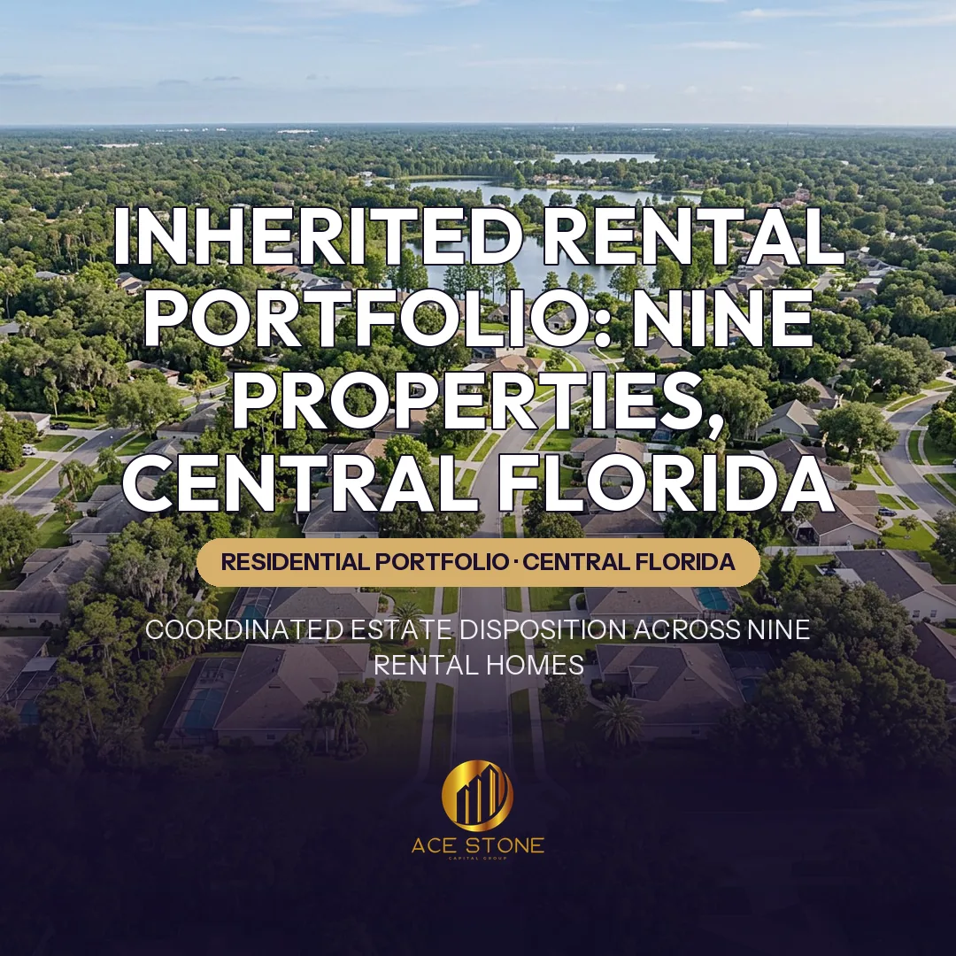 Aerial view of mature Central Florida residential streets with established homes and heavy tree cover.