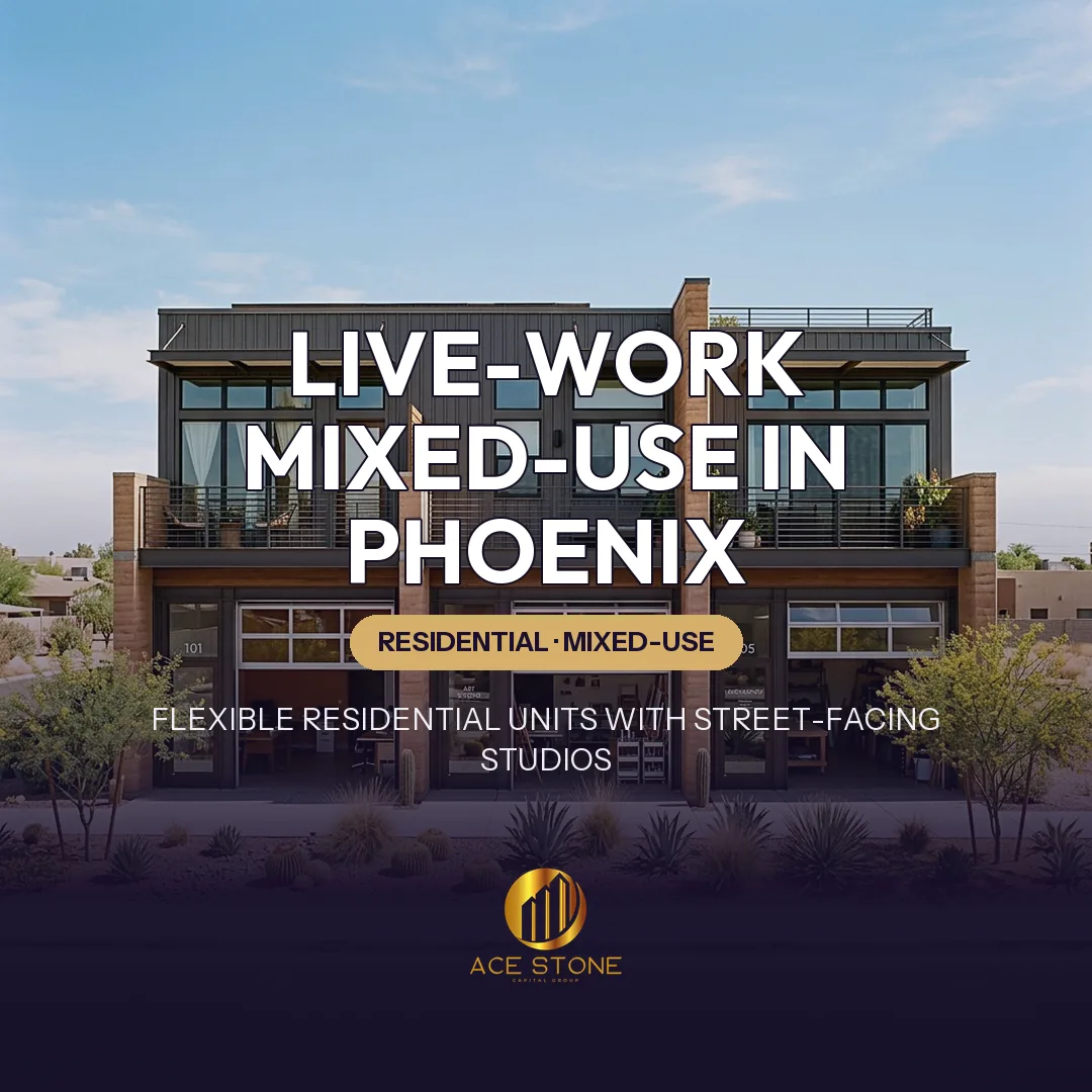 Modern Phoenix live-work development with residences above flexible street-facing studio spaces and desert landscaping.