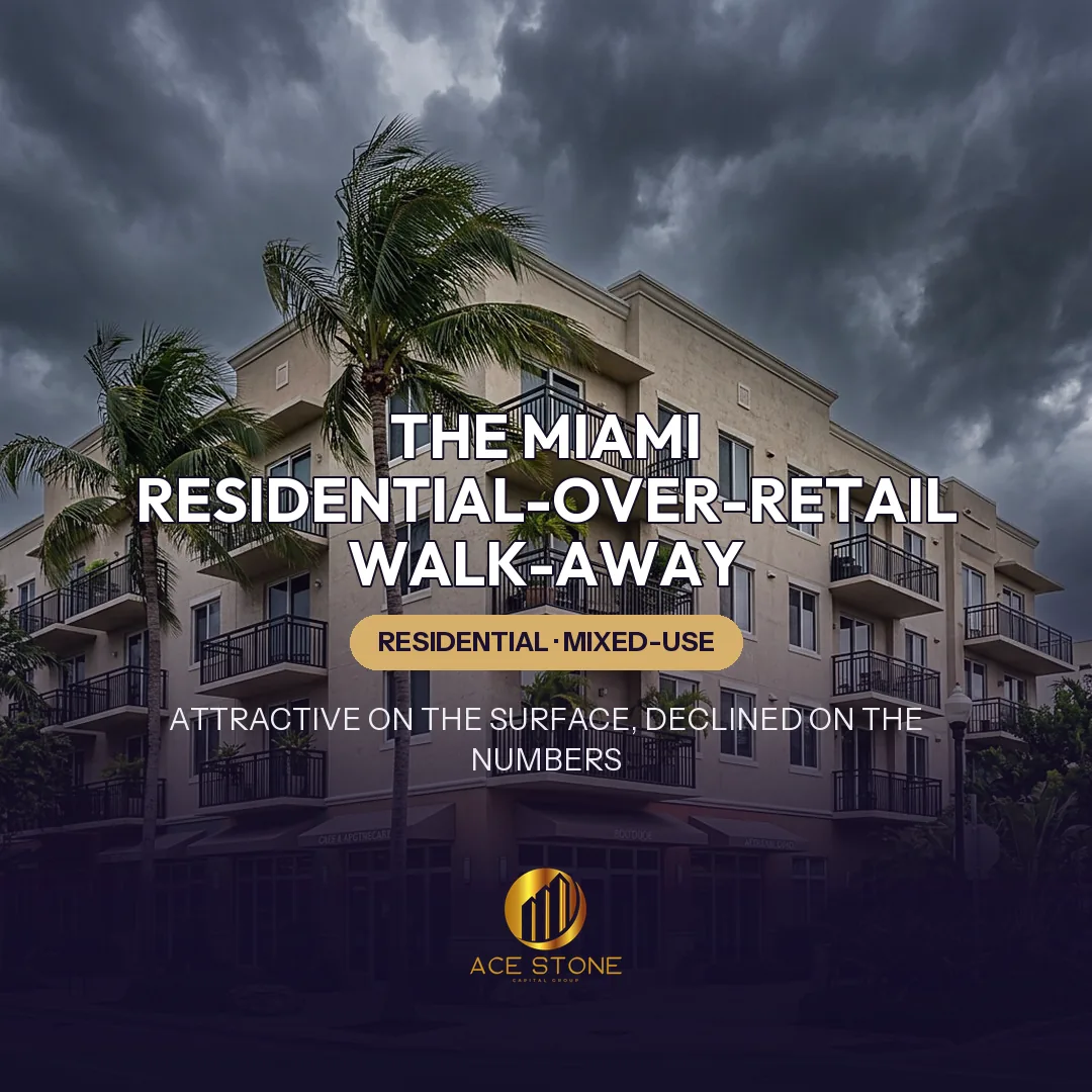 Attractive Miami residential-over-retail building under a dramatic stormy sky suggesting hidden underwriting risk.