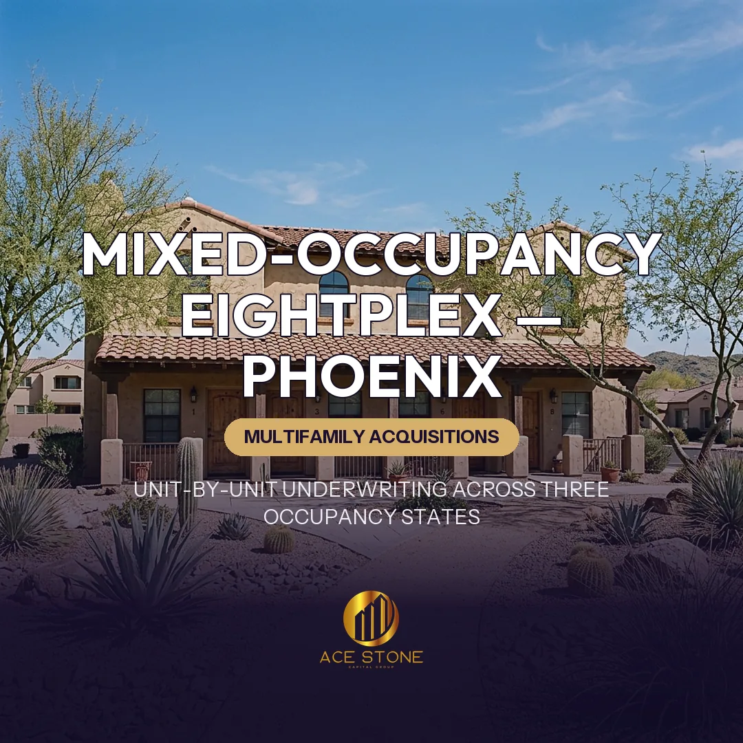 Southwestern low-rise eight-unit apartment complex in Phoenix.