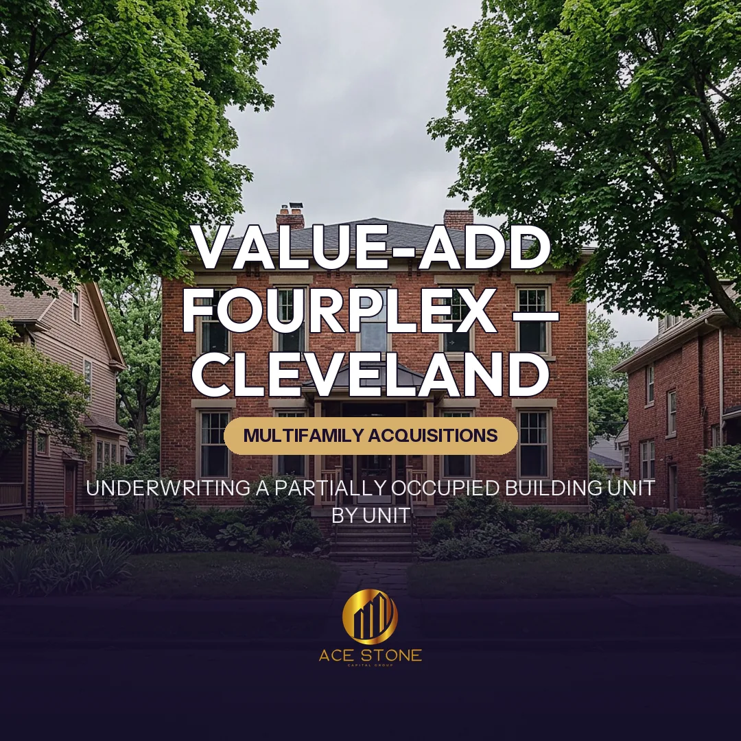 Classic brick fourplex apartment building on a Cleveland residential street.