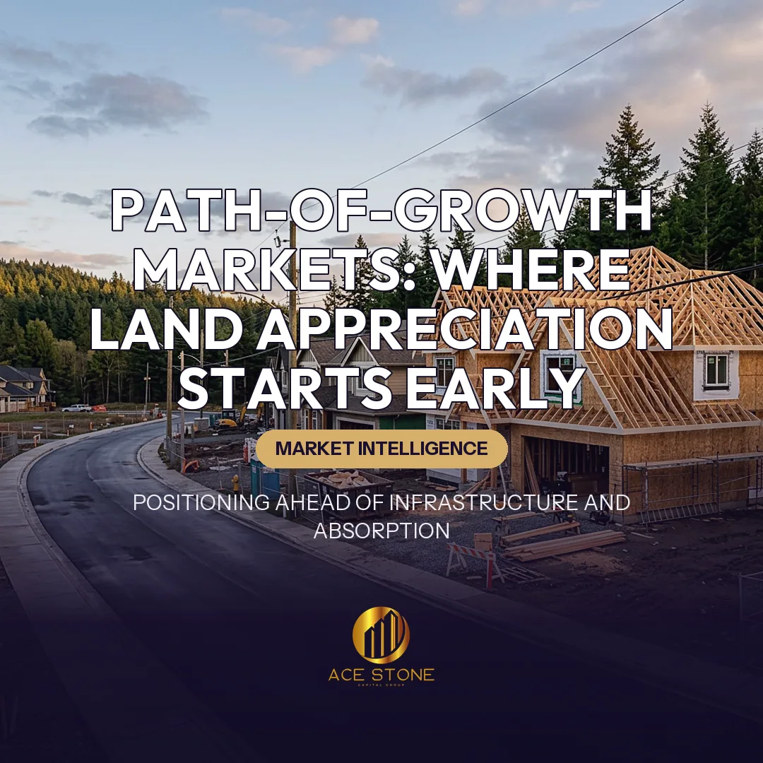 New homes under construction along a recently paved road at the edge of a growth corridor.