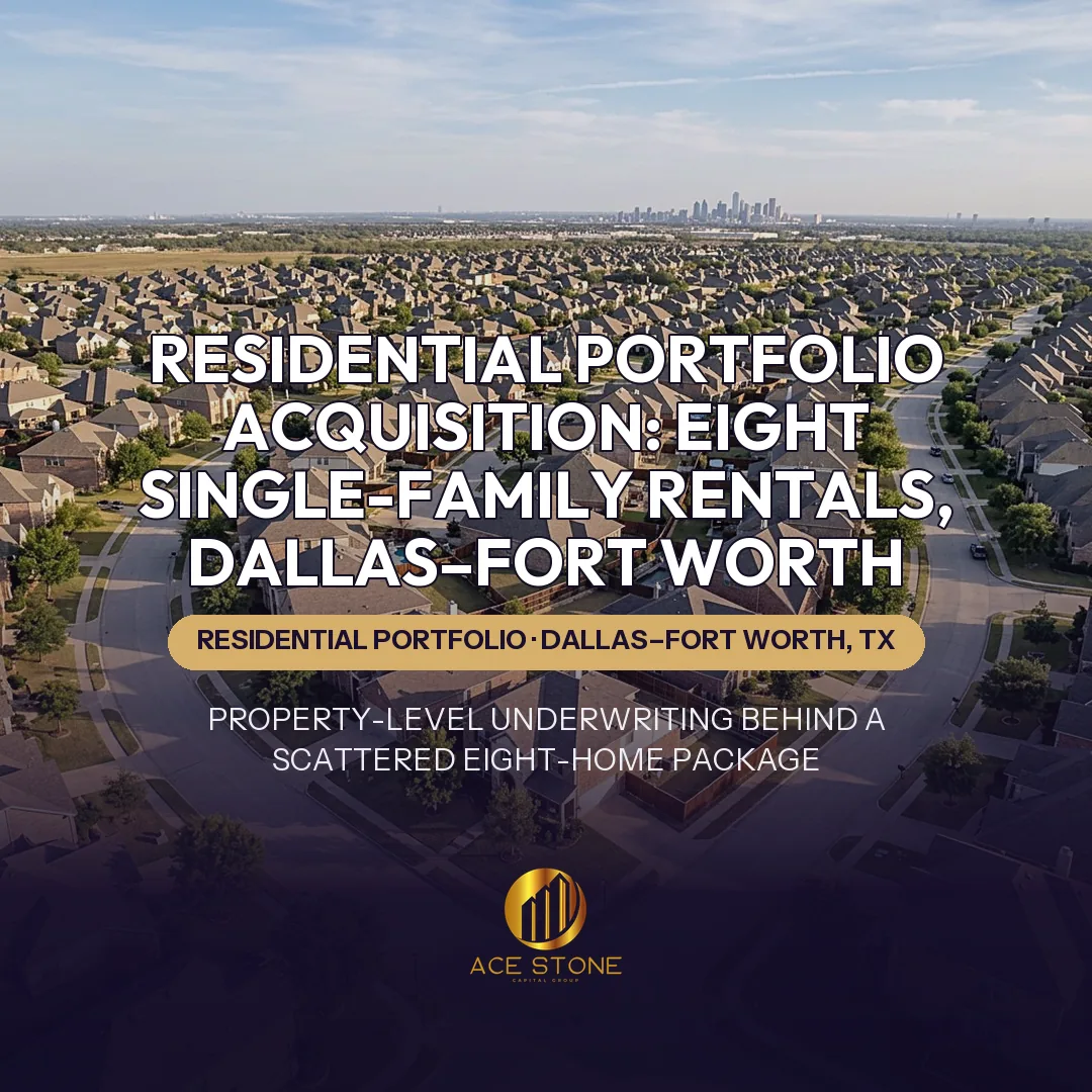 Aerial view of a Dallas–Fort Worth suburban neighborhood with scattered single-family rental homes.