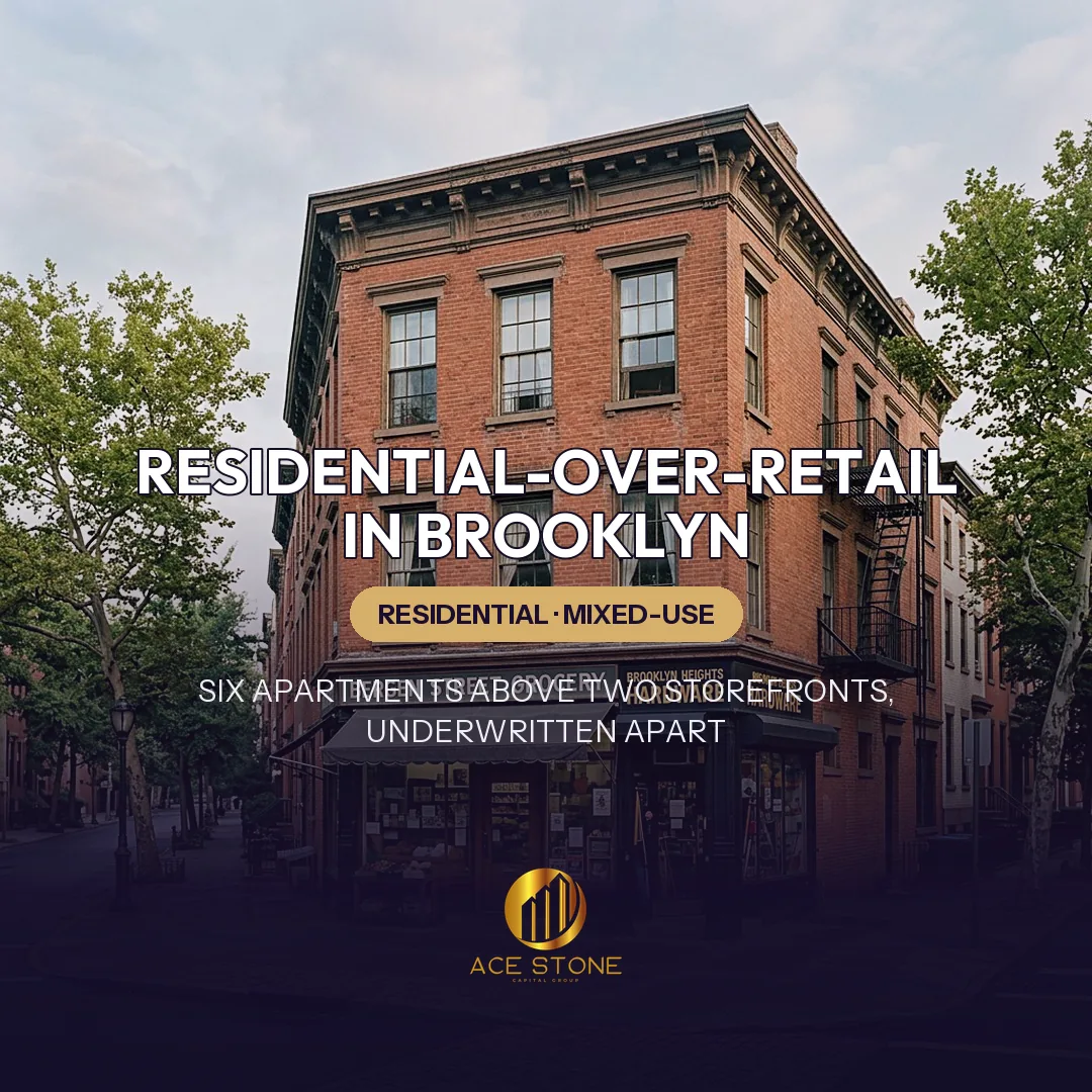 Classic three-story Brooklyn corner mixed-use building with neighborhood storefronts at street level and apartments above.