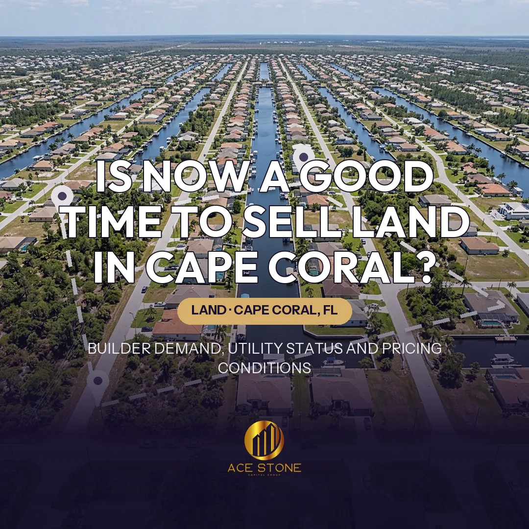 Aerial view of vacant residential lots on a gridded Cape Coral canal street with parcel boundary overlay.