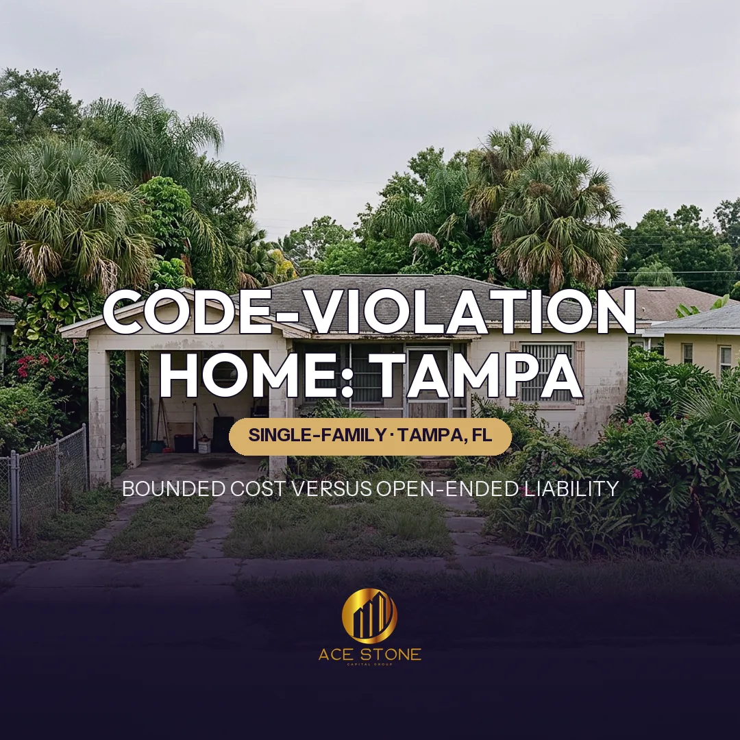 Detached Tampa single-family home with tropical landscaping and deferred exterior maintenance.