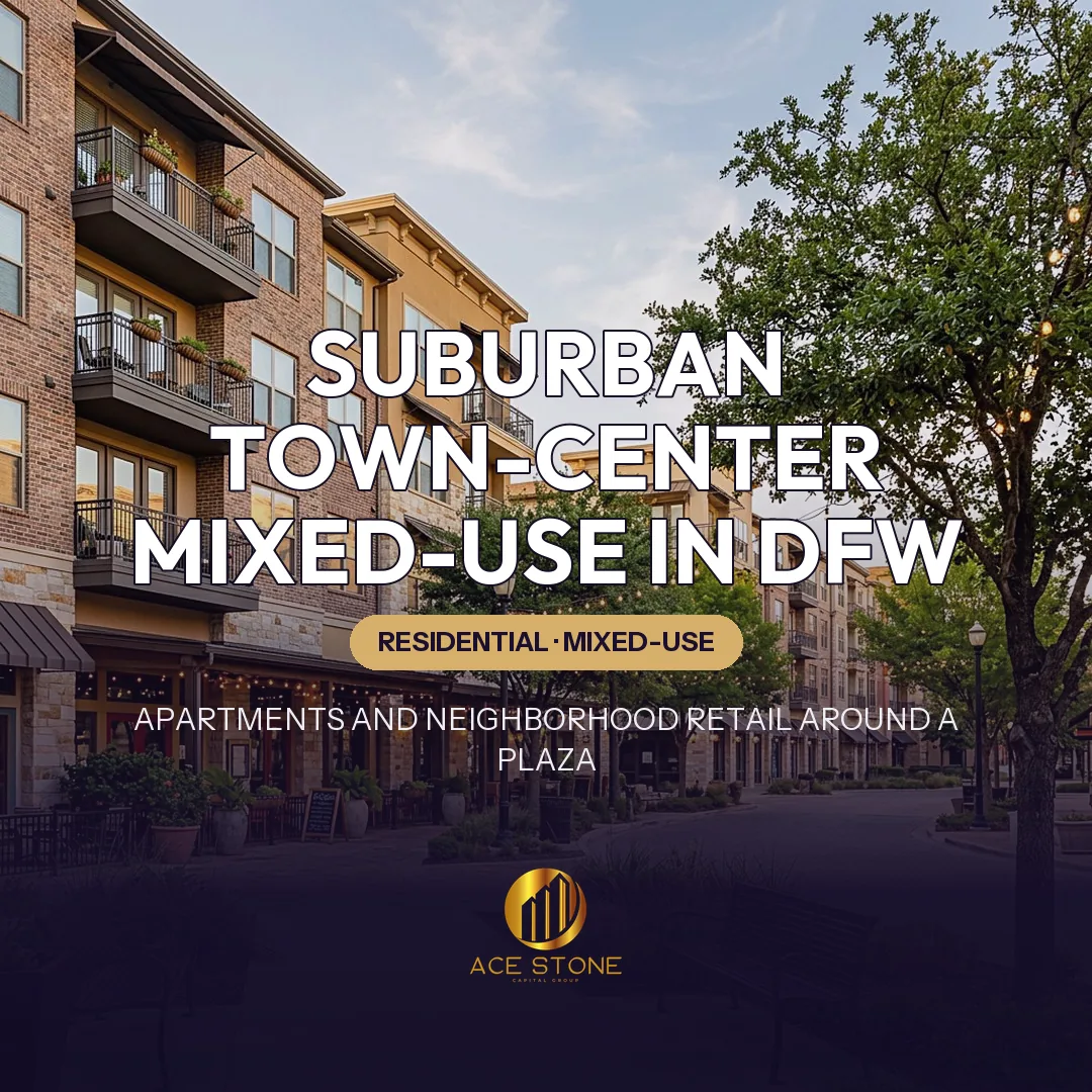 Upscale Dallas-Fort Worth suburban town center with apartments above restaurants and a landscaped pedestrian plaza.
