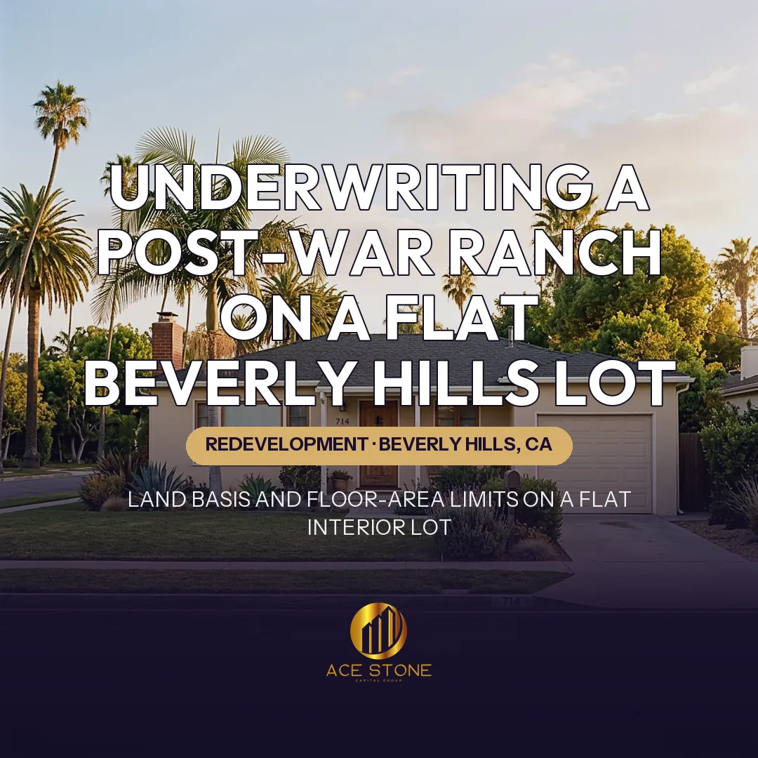 Post-war single-story ranch house on a flat palm-lined Beverly Hills street.