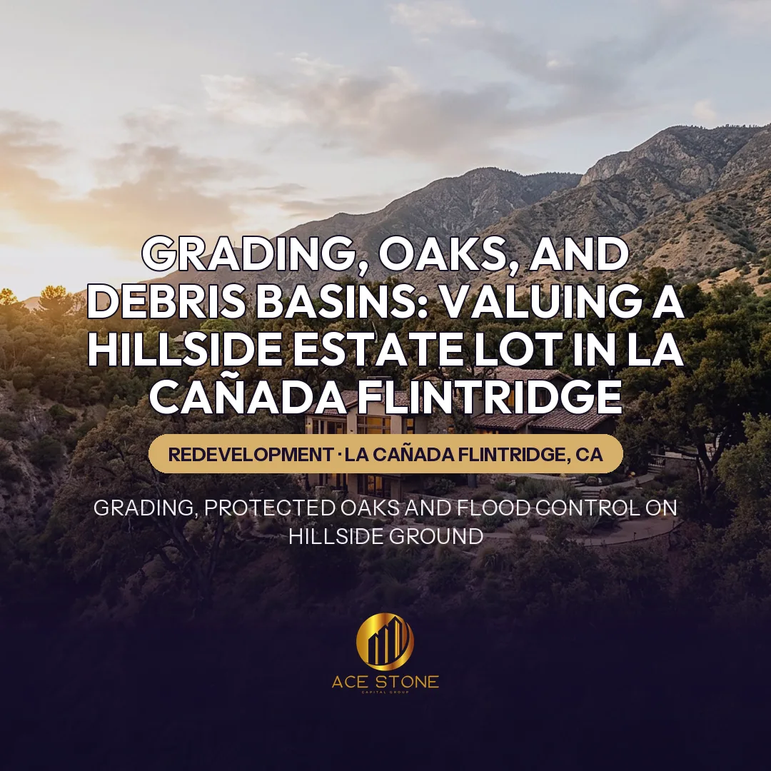 Hillside estate property with protected oaks below the San Gabriel foothills.