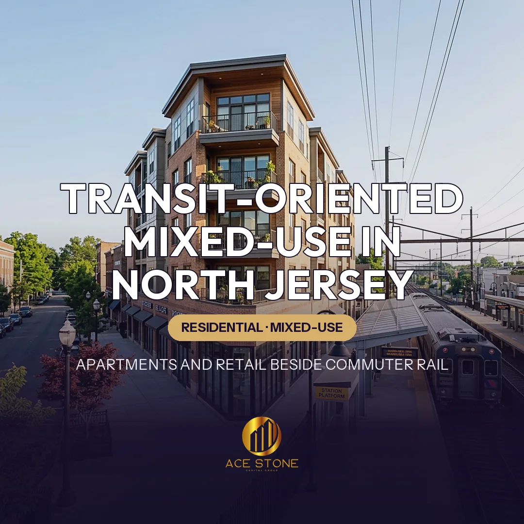 Contemporary North Jersey residential-over-retail building beside a commuter rail station platform.