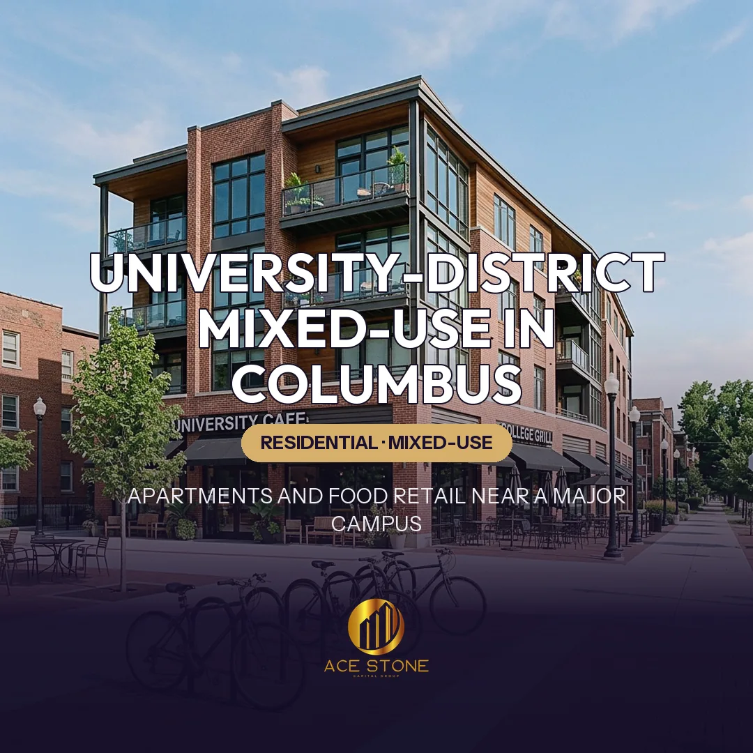 Modern residential-over-retail building in a Columbus university district with active sidewalks and bicycles.