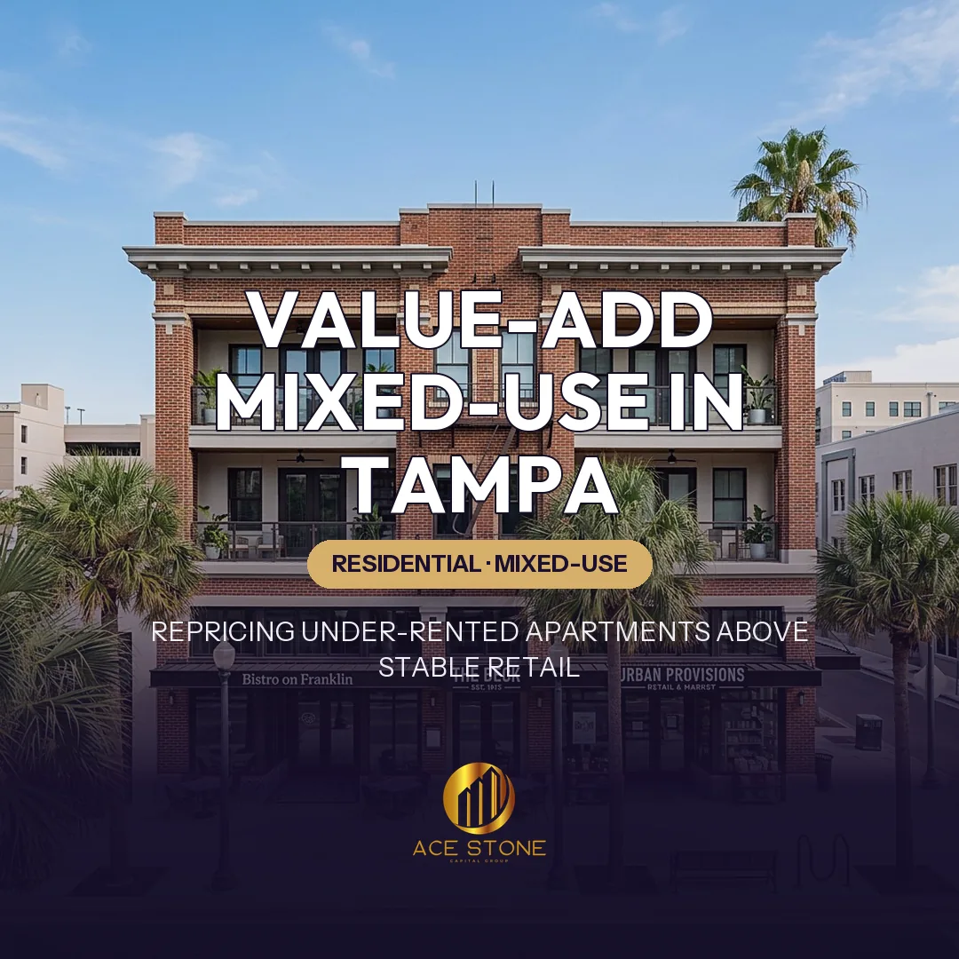 Tampa urban mixed-use property with renovated residential upper floors above restaurant and retail frontage.