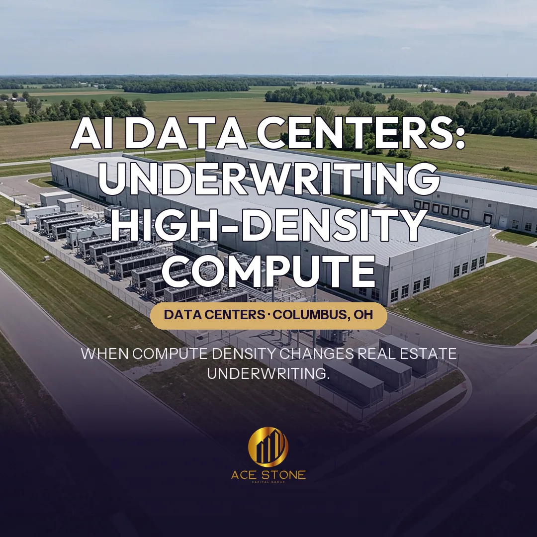 Columbus data center campus with large cooling and electrical yards.