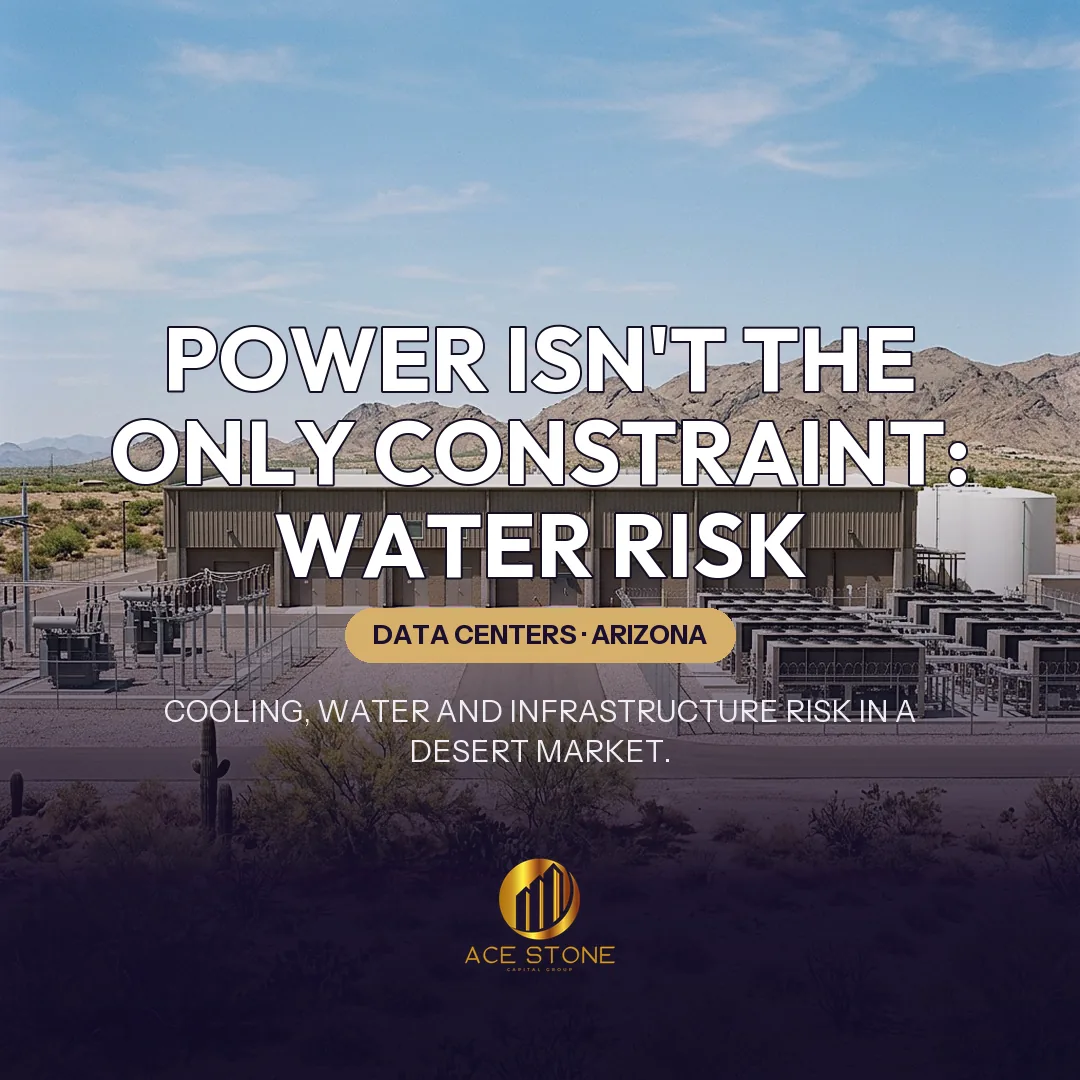 Arizona desert data center with air-cooled equipment and water storage.
