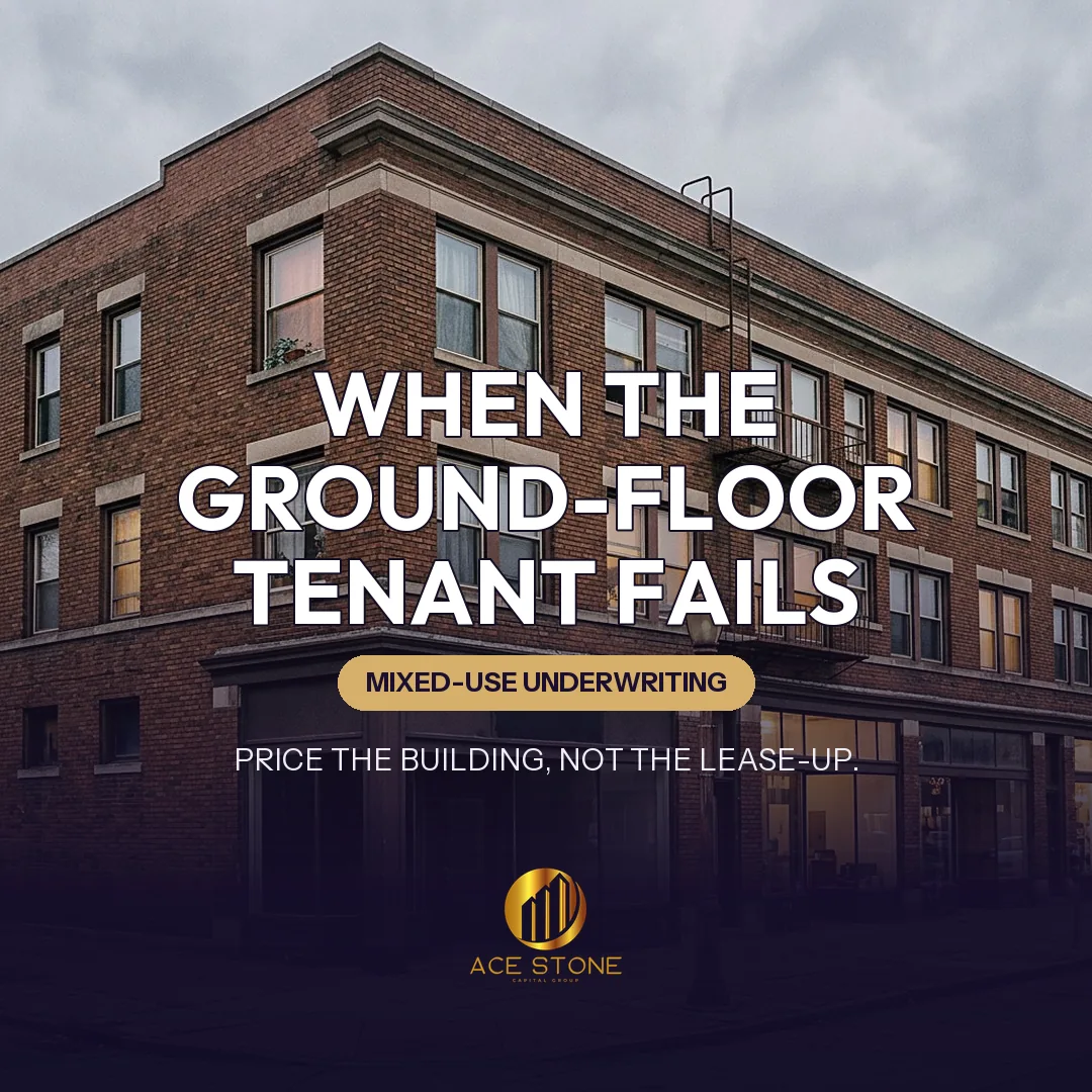 Cleveland mixed-use building with occupied apartments above a dark vacant corner storefront.