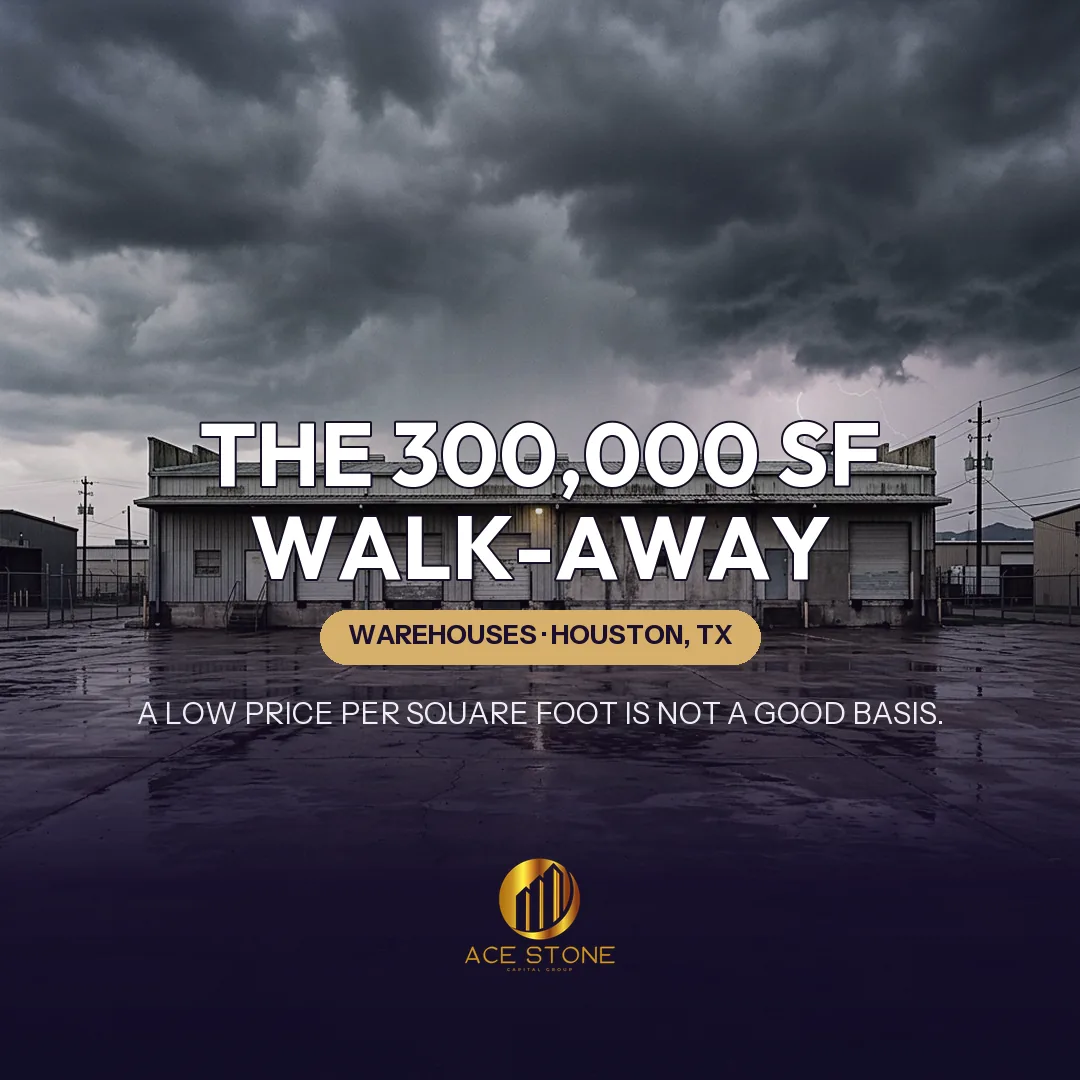 Aging Houston warehouse under storm conditions.