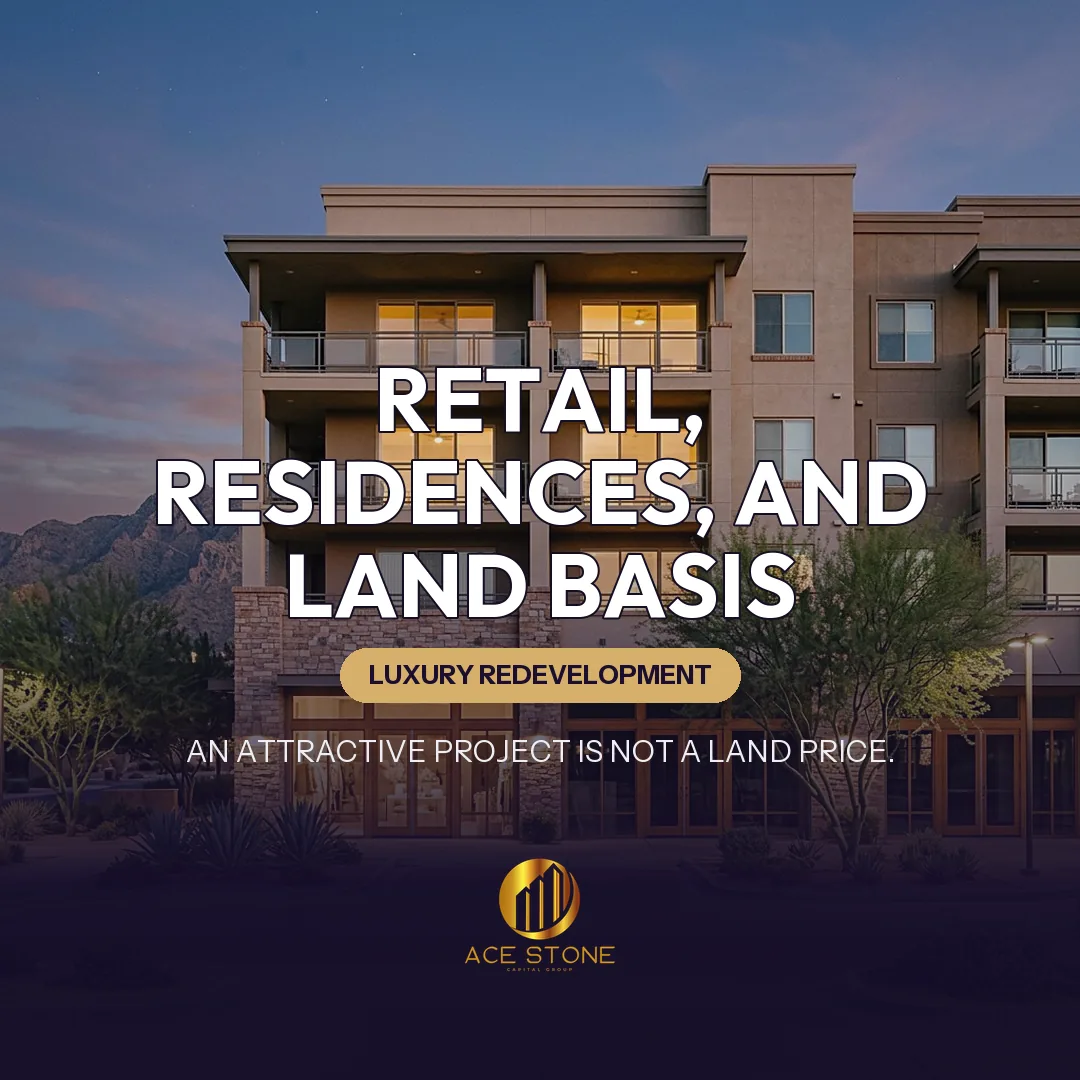 Luxury Scottsdale mixed-use project at dusk with boutique retail below luxury residences.