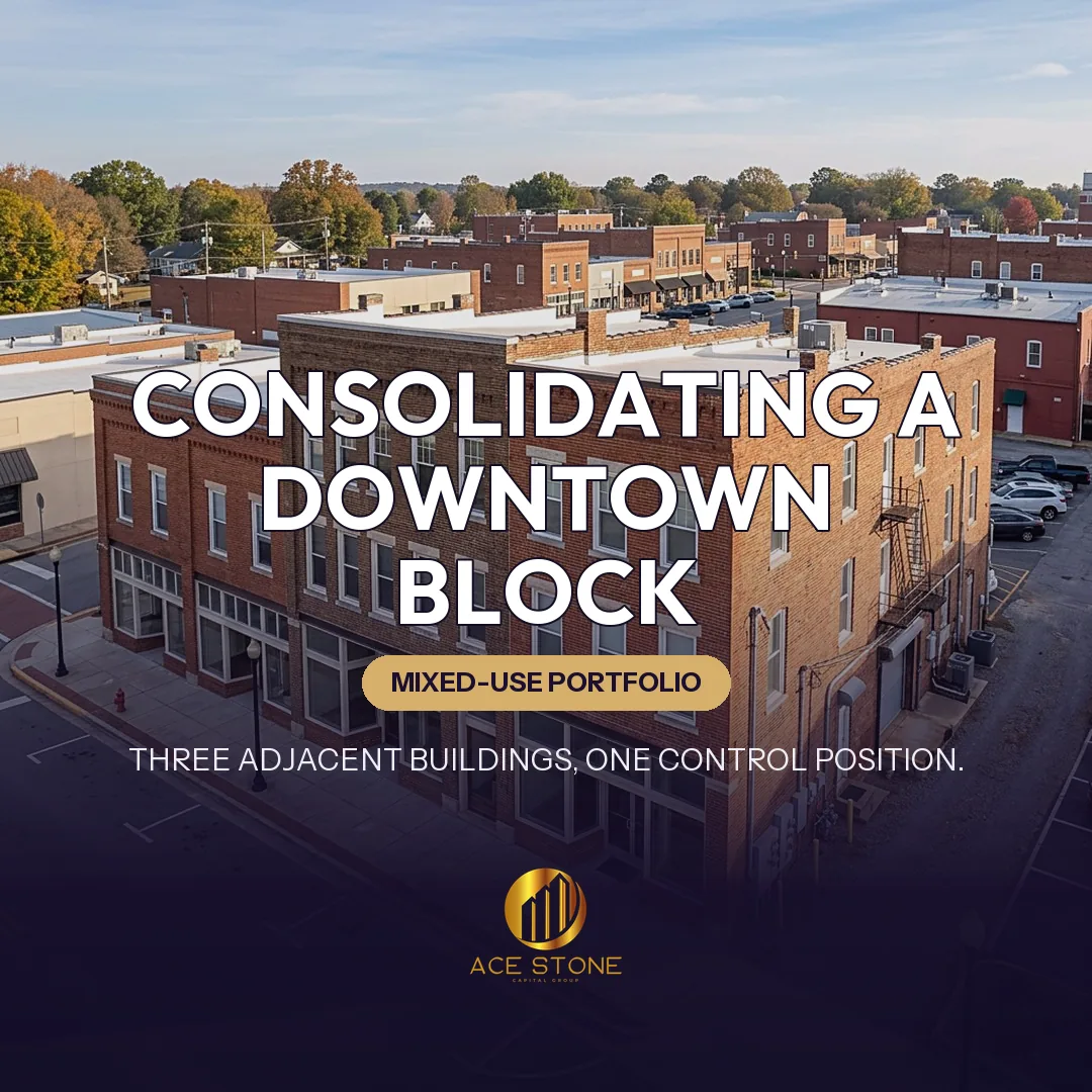 Aerial view of three contiguous historic downtown North Carolina mixed-use buildings.