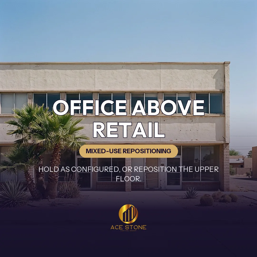 Two-story Phoenix corridor property with retail below and older office space above.