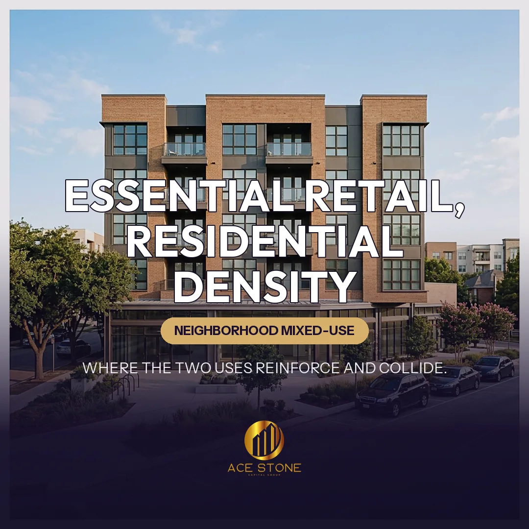 Modern Dallas neighborhood mixed-use development with ground-floor retail and apartments above.