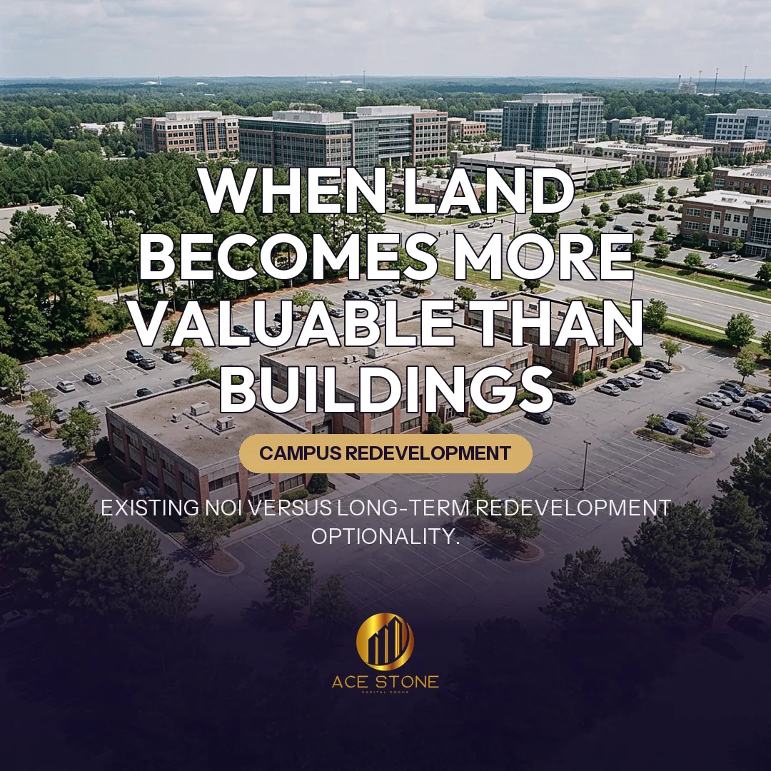Raleigh area low-density office campus with large parking fields.