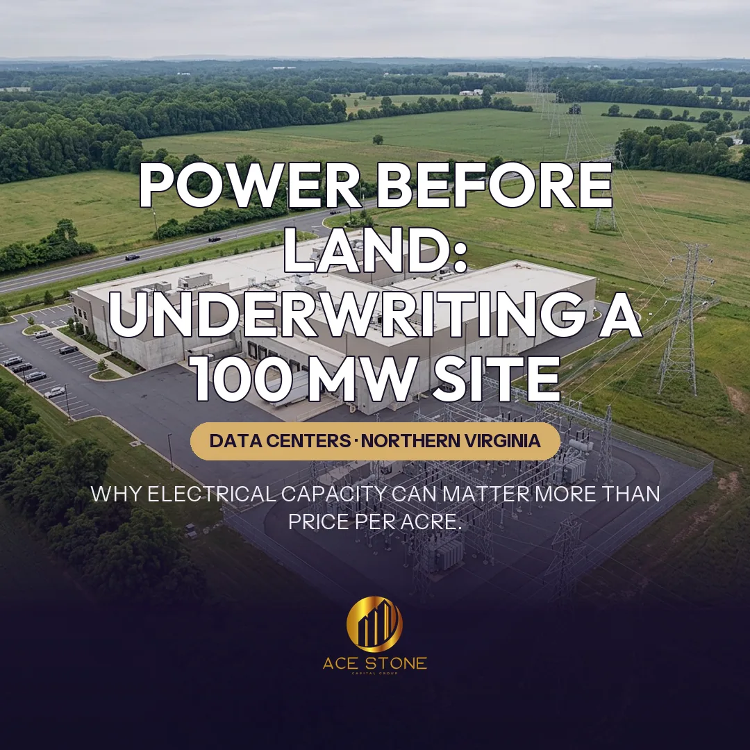 Northern Virginia data center campus beside an electrical substation and transmission lines.