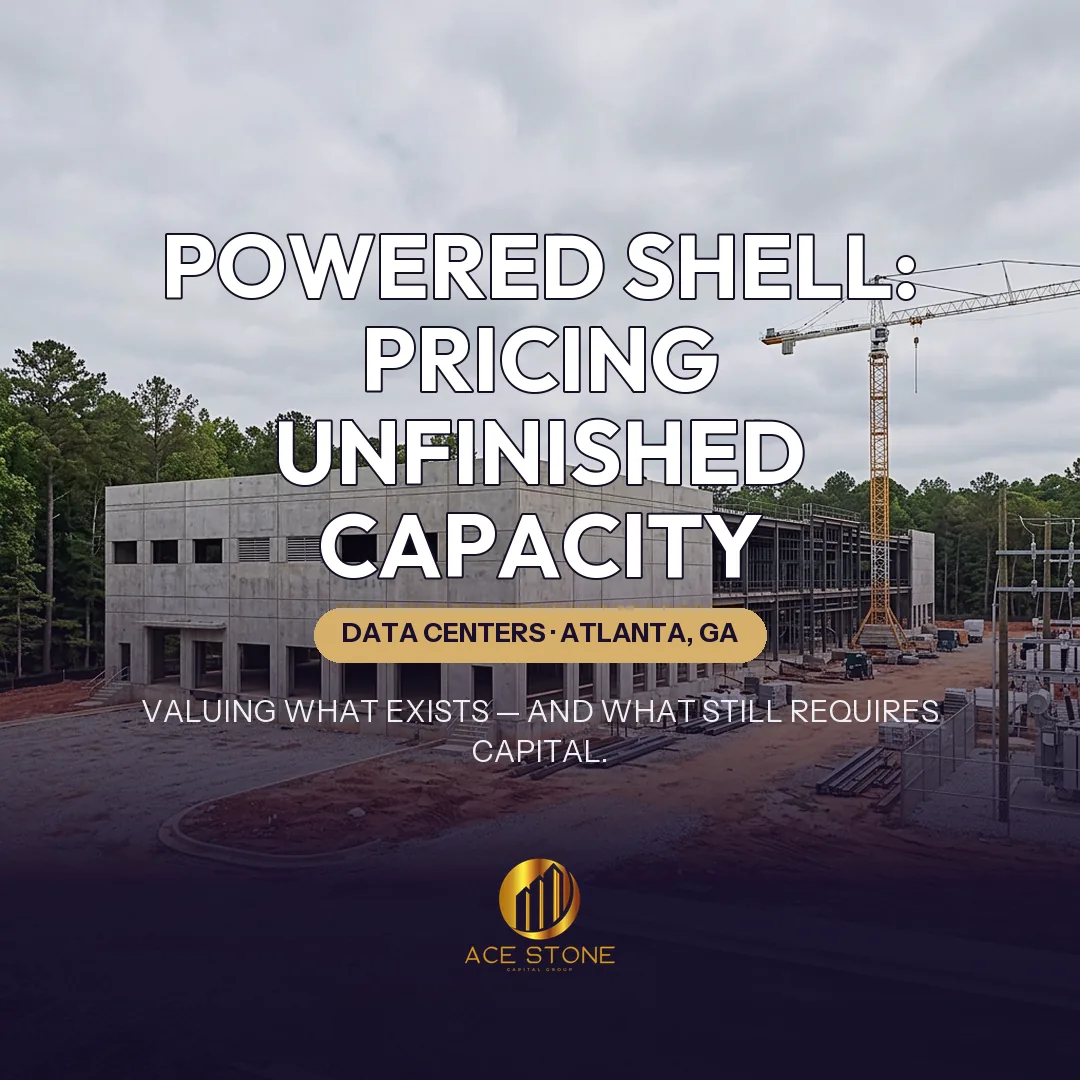 Unfinished Atlanta data center shell with adjacent electrical infrastructure.