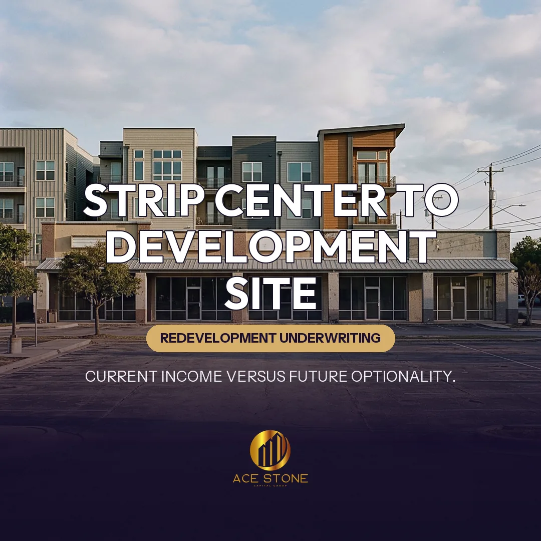Aging Austin strip retail center in front of newer high-density mixed-use development.