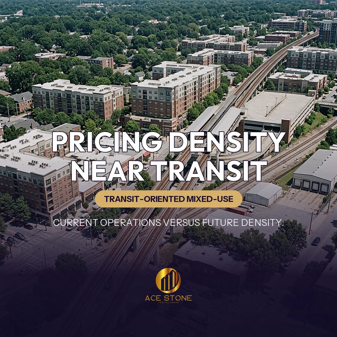 Aerial view of Atlanta transit infrastructure surrounded by mid-rise mixed-use density.