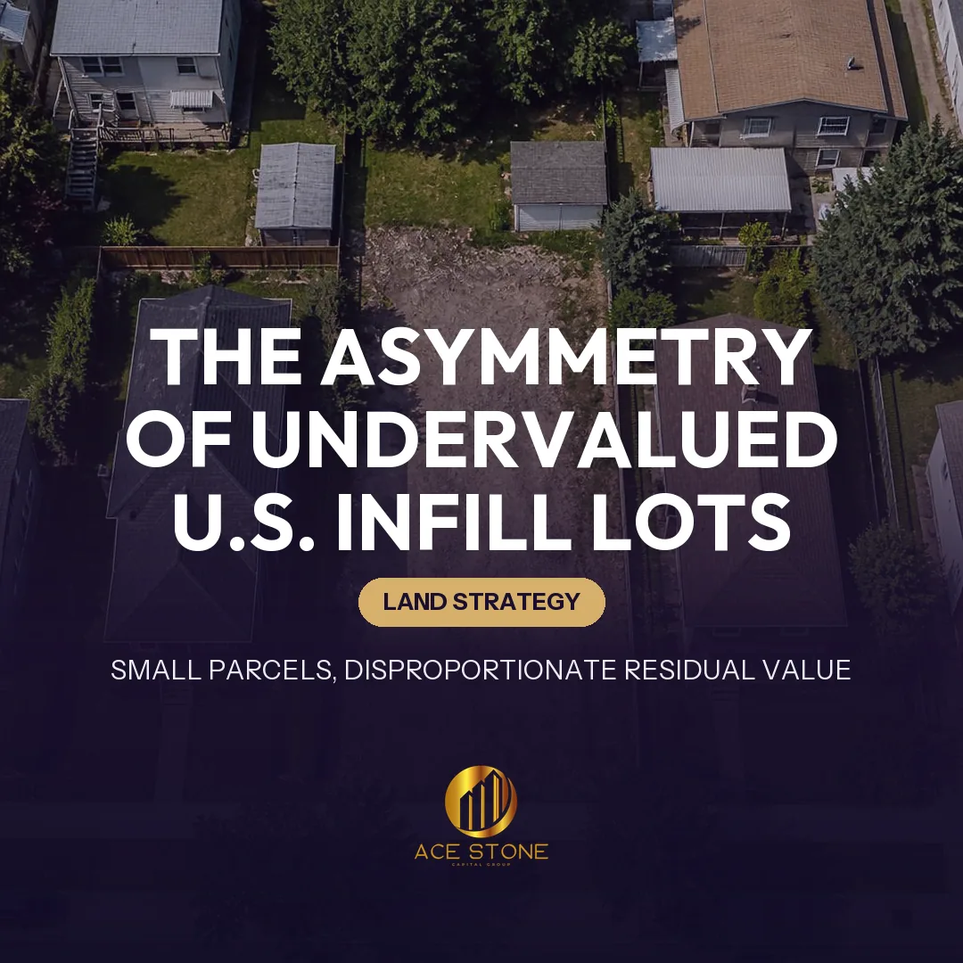 Aerial view of a vacant infill lot between two homes in an established neighborhood