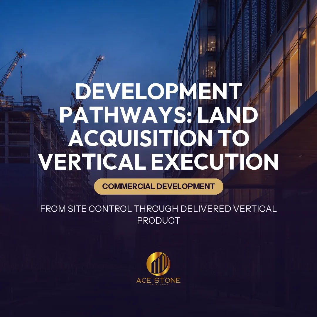 Mixed-use commercial development corridor under vertical construction at dusk