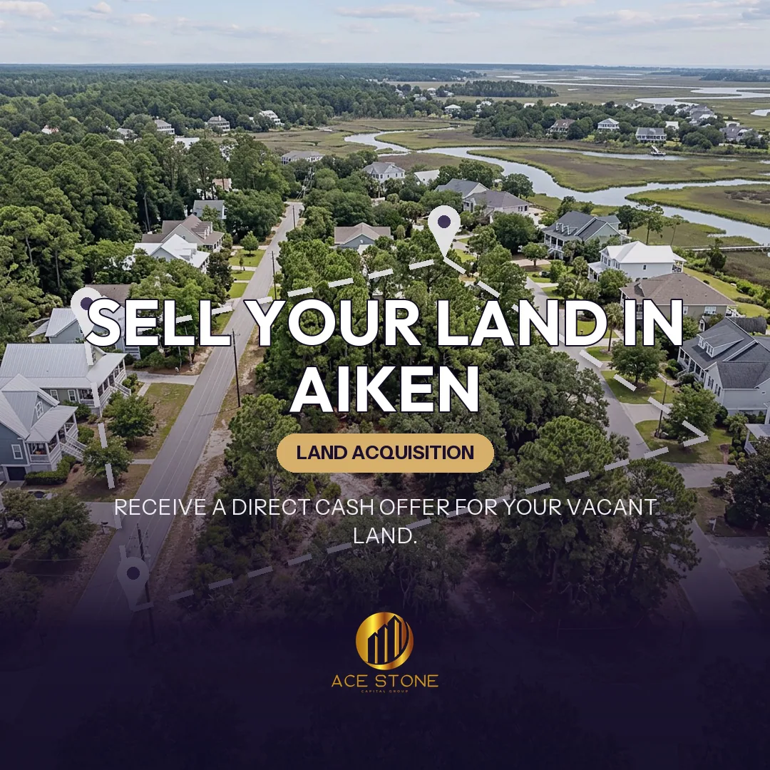 Editorial cover for AceStone Capital Group's land acquisition pathway in Aiken, South Carolina, showing vacant residential land.