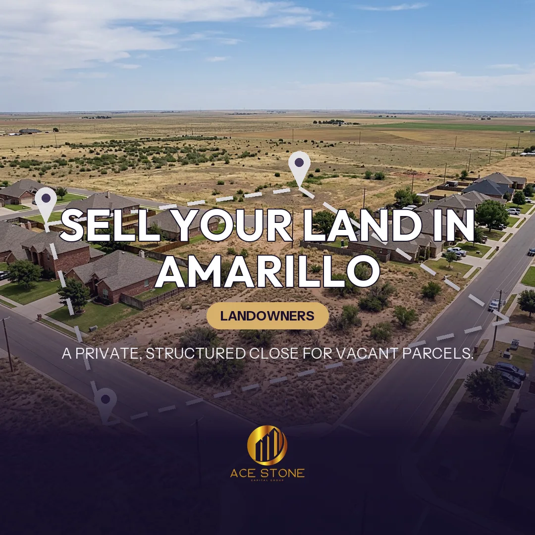 Editorial cover for AceStone Capital Group's land acquisition pathway in Amarillo, Texas, showing vacant residential land.