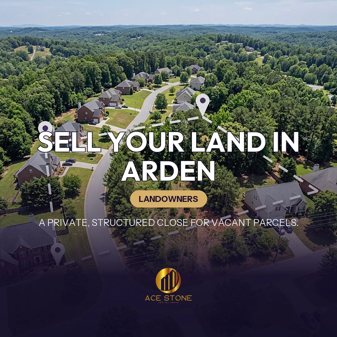 Editorial cover for AceStone Capital Group's land acquisition pathway in Arden, North Carolina, showing vacant residential land.