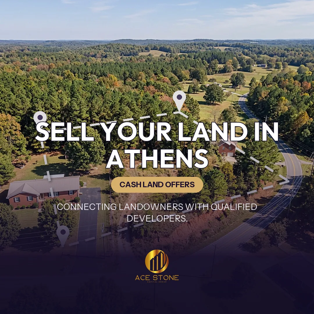 Editorial cover for AceStone Capital Group's land acquisition pathway in Athens, Alabama, showing vacant residential land.