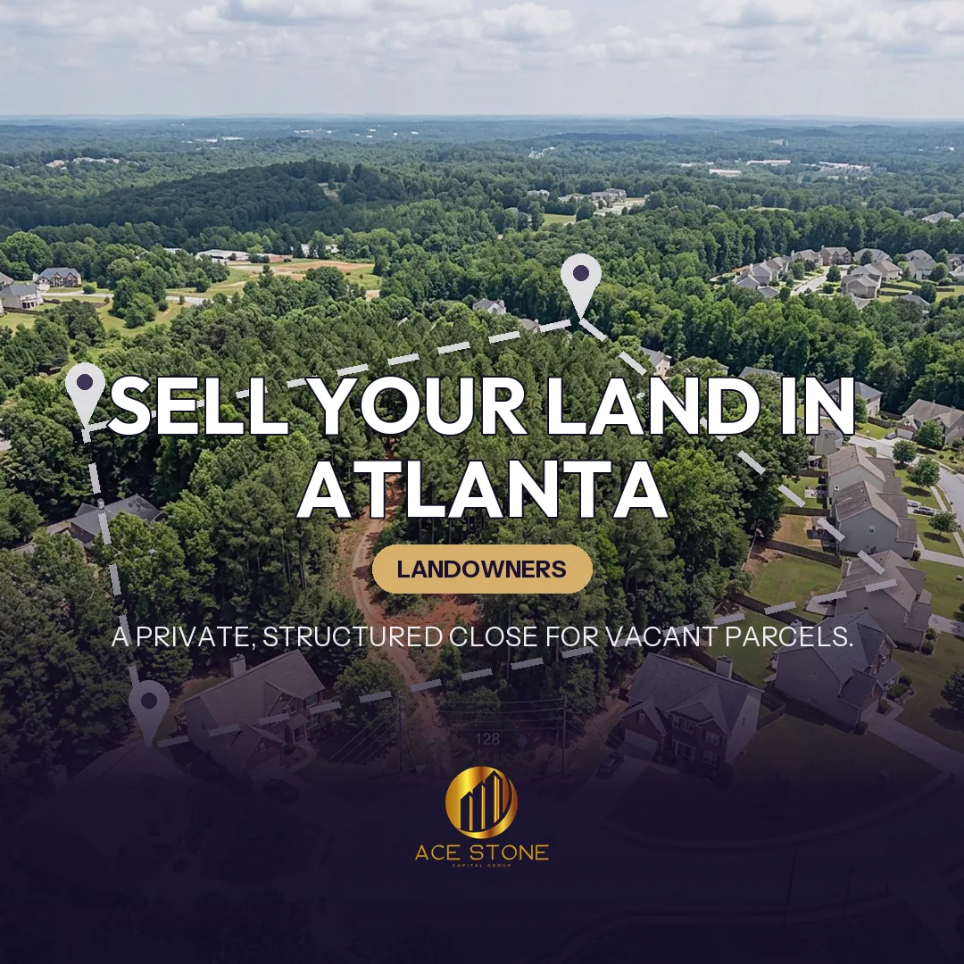 Editorial cover for AceStone Capital Group's land acquisition pathway in Atlanta, Georgia, showing vacant residential land.