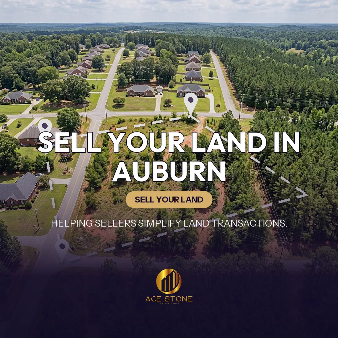Editorial cover for AceStone Capital Group's land acquisition pathway in Auburn, Alabama, showing vacant residential land.
