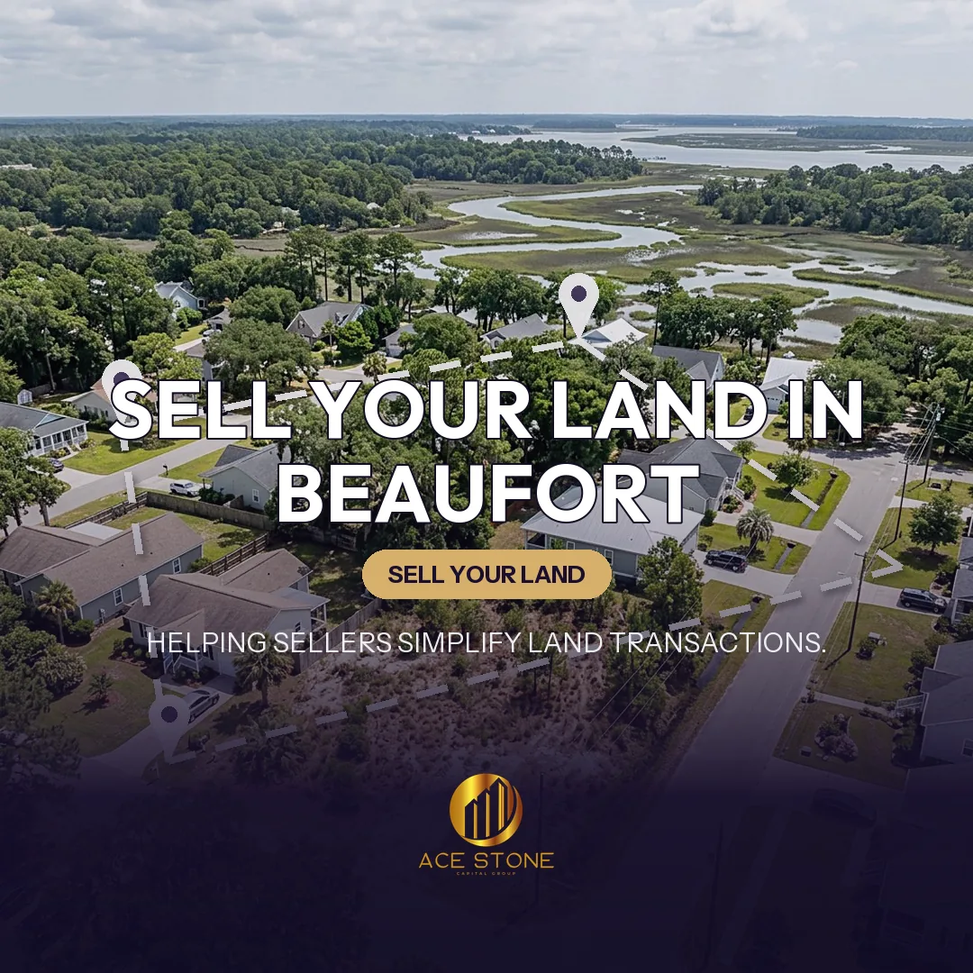 Editorial cover for AceStone Capital Group's land acquisition pathway in Beaufort, South Carolina, showing vacant residential land.